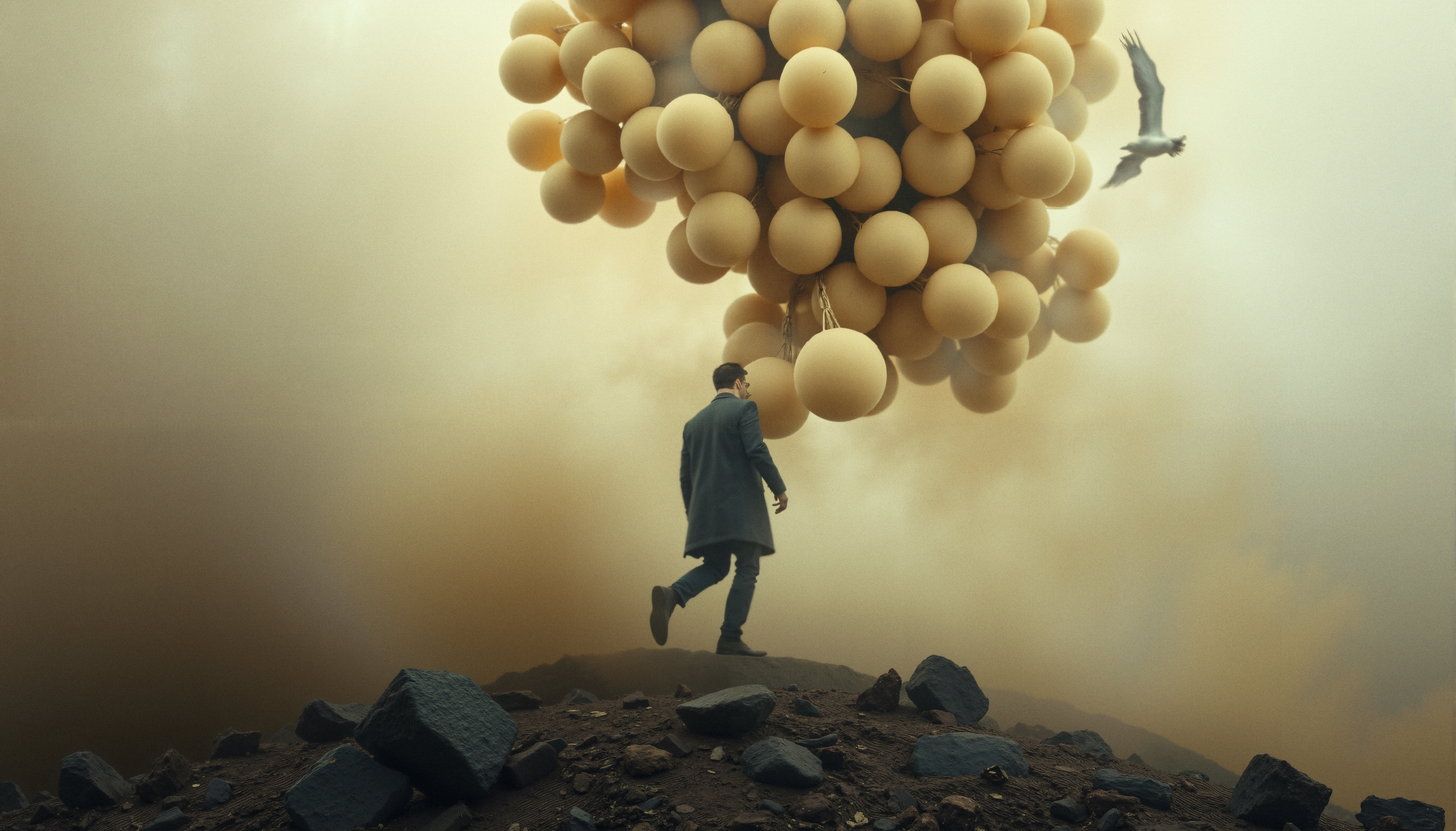 A man walks under floating balloons in a surreal, golden landscape.