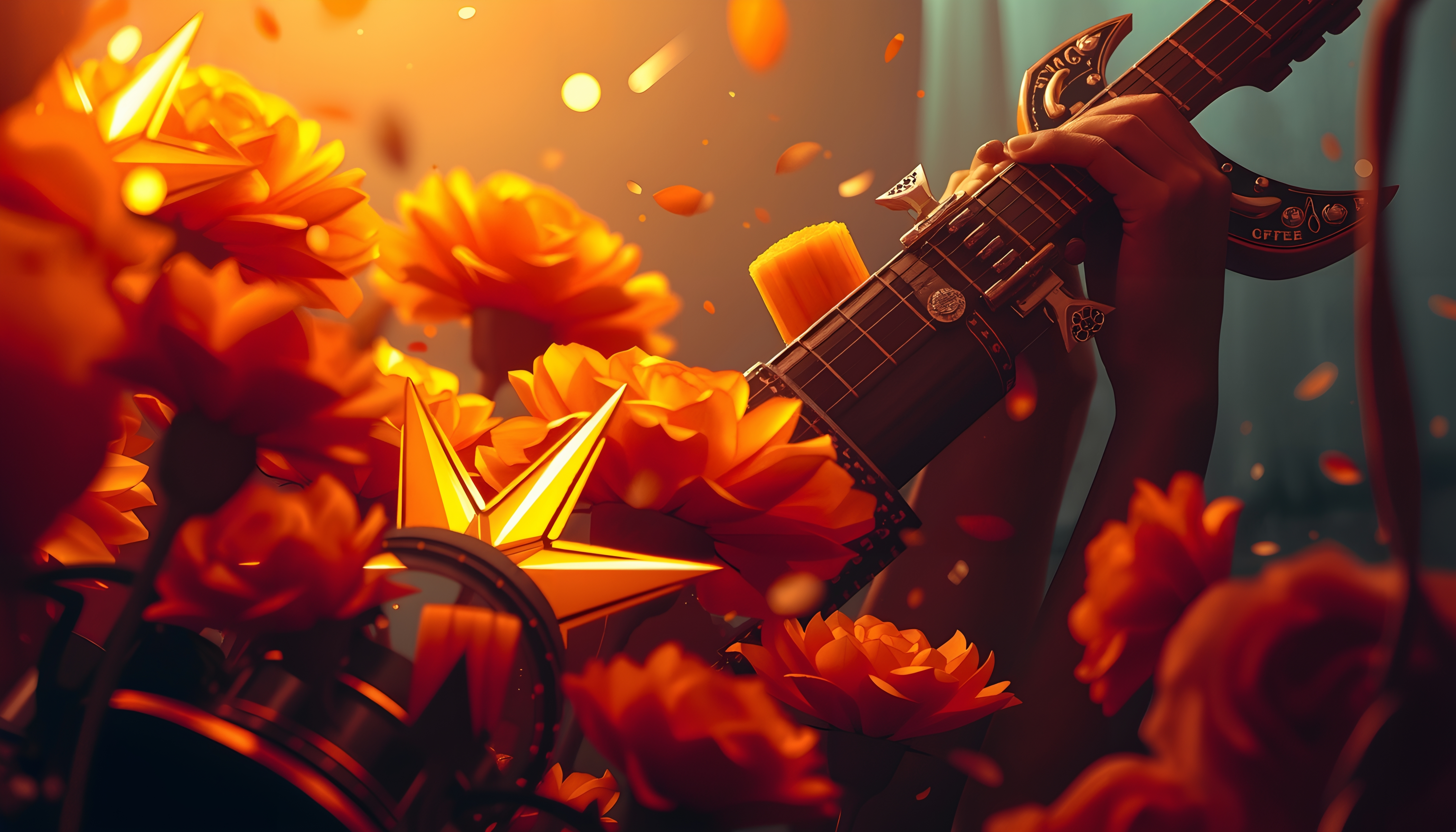 A guitar entwined with orange flowers, creating a vibrant and harmonious scene.