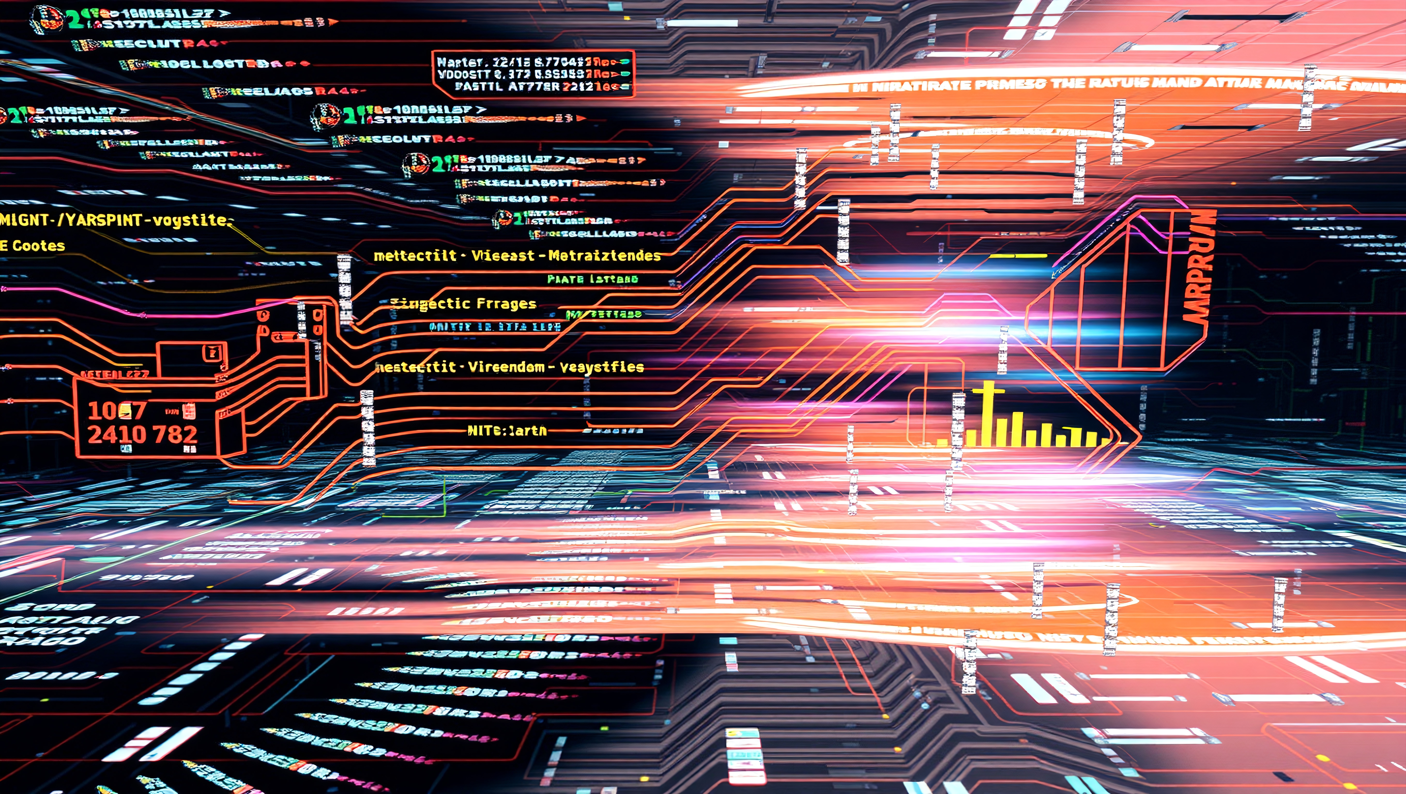 A vibrant digital landscape of neon circuits and data streams in a futuristic environment.