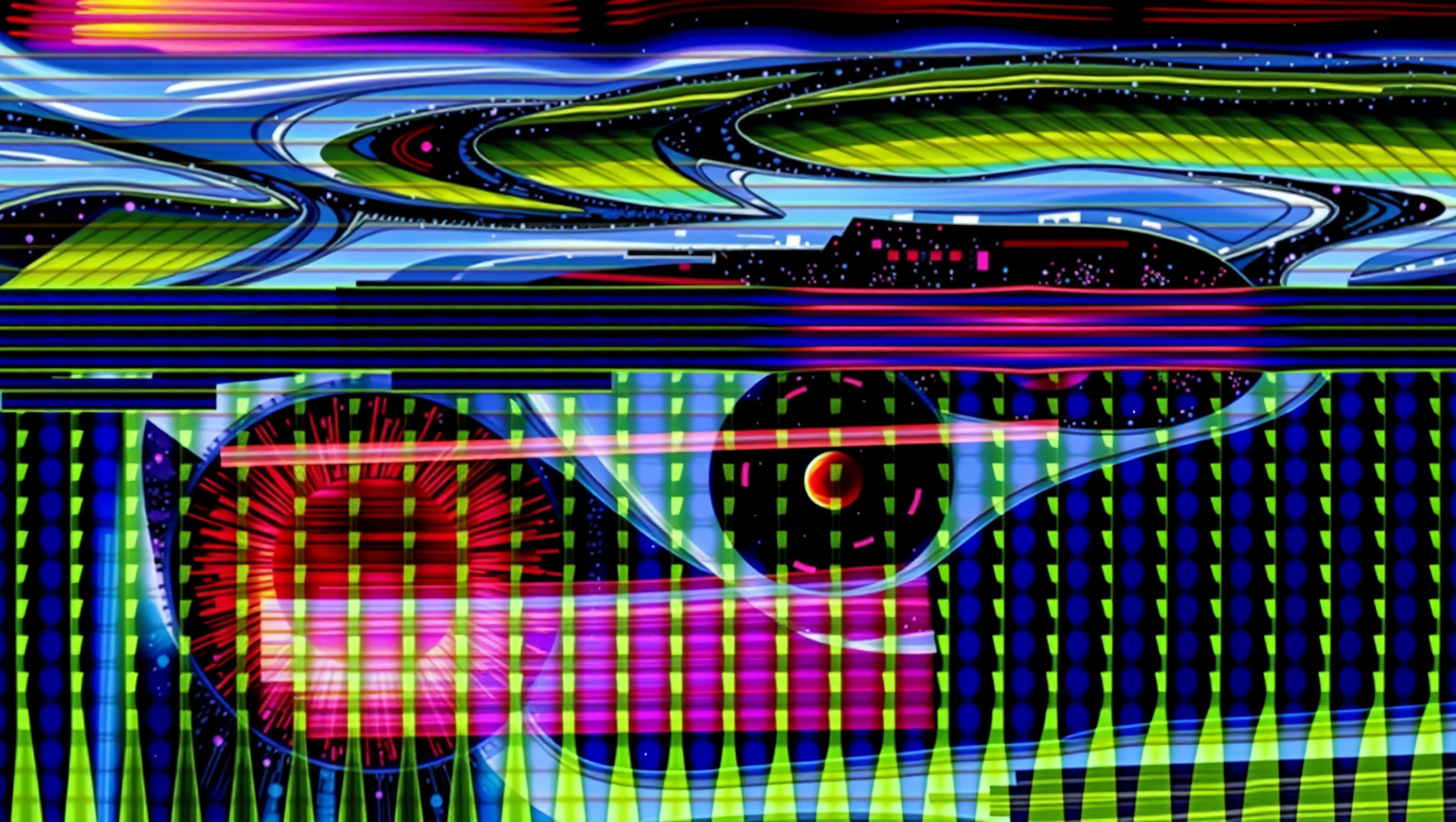 A vibrant abstract digital artwork with swirling lines and geometric patterns.