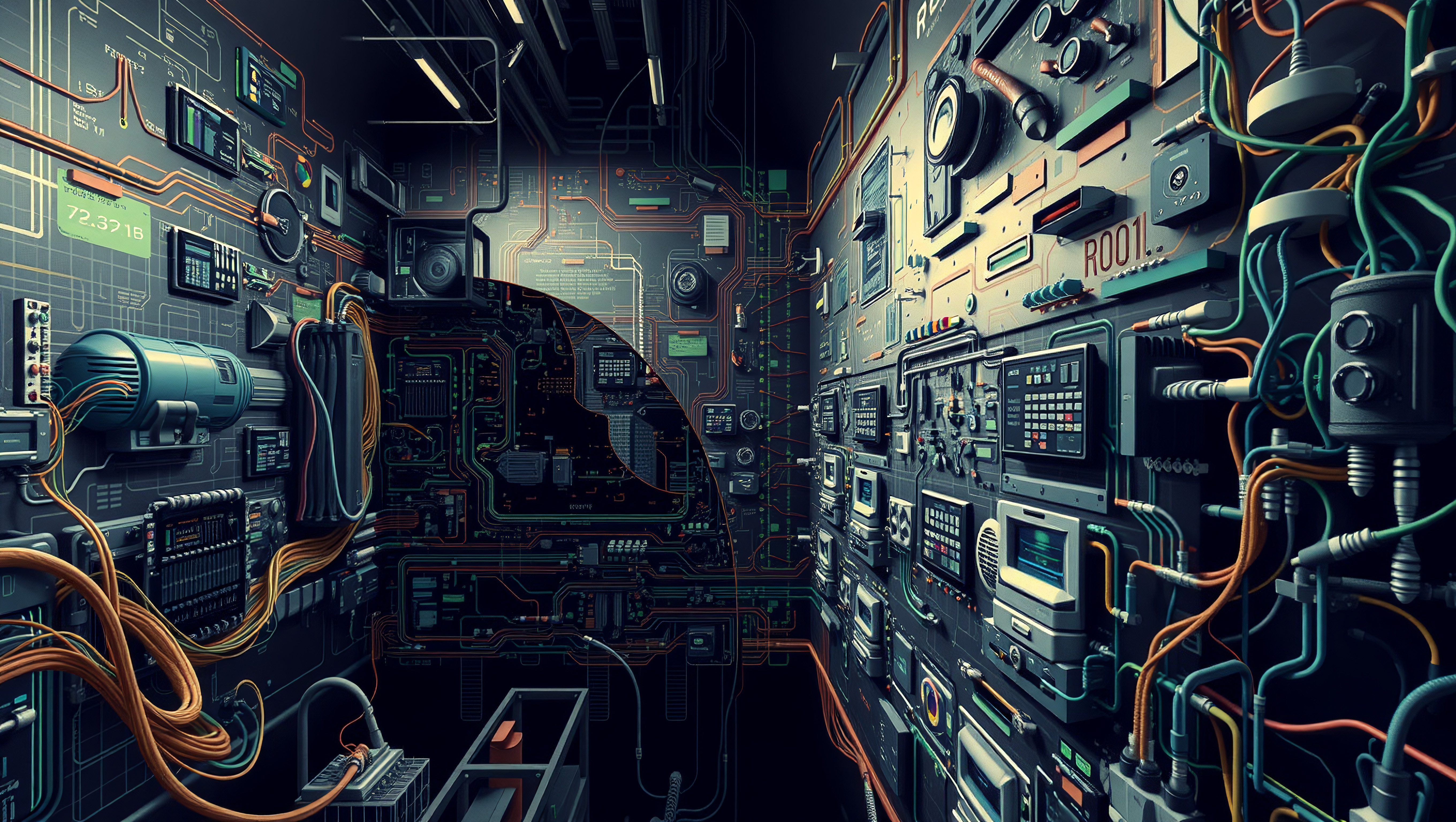 Futuristic Tech Control Room with Integrated Circuitry and Digit