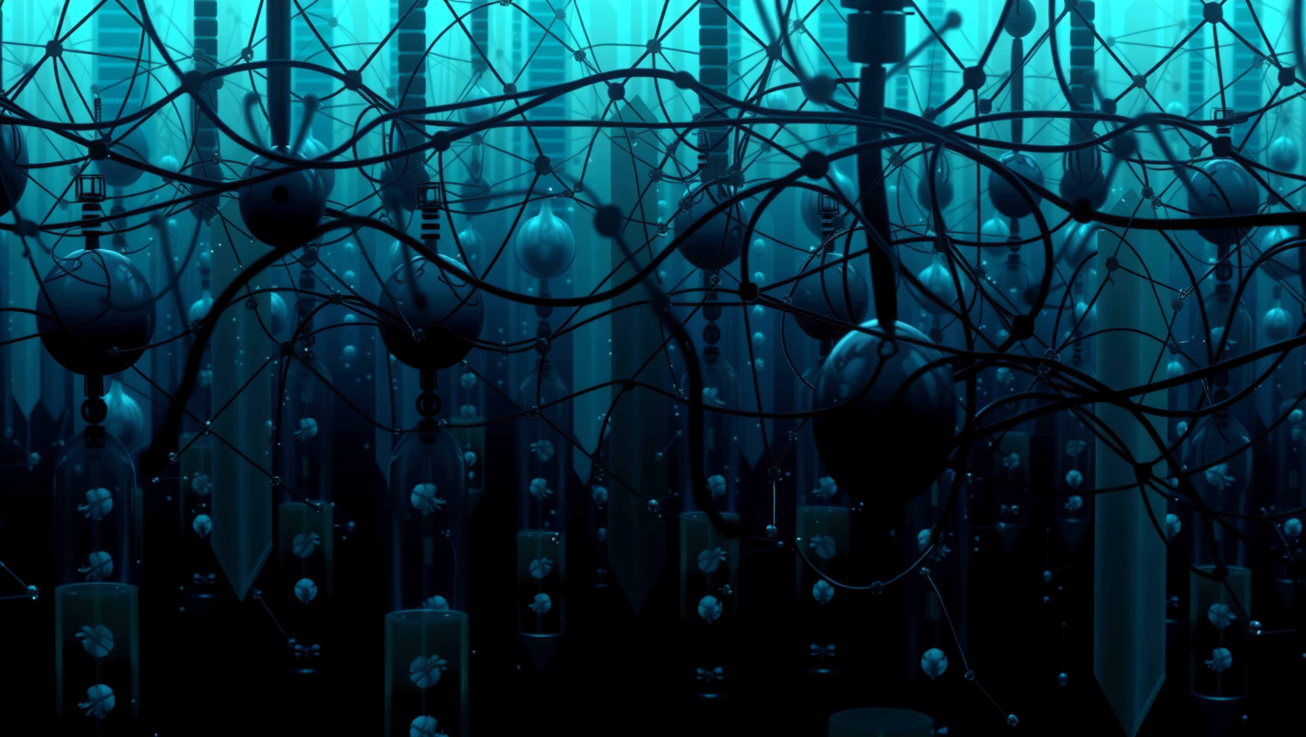 Abstract image of interconnected translucent structures, resembling a futuristic network, with blue spherical elements and ethereal lighting.