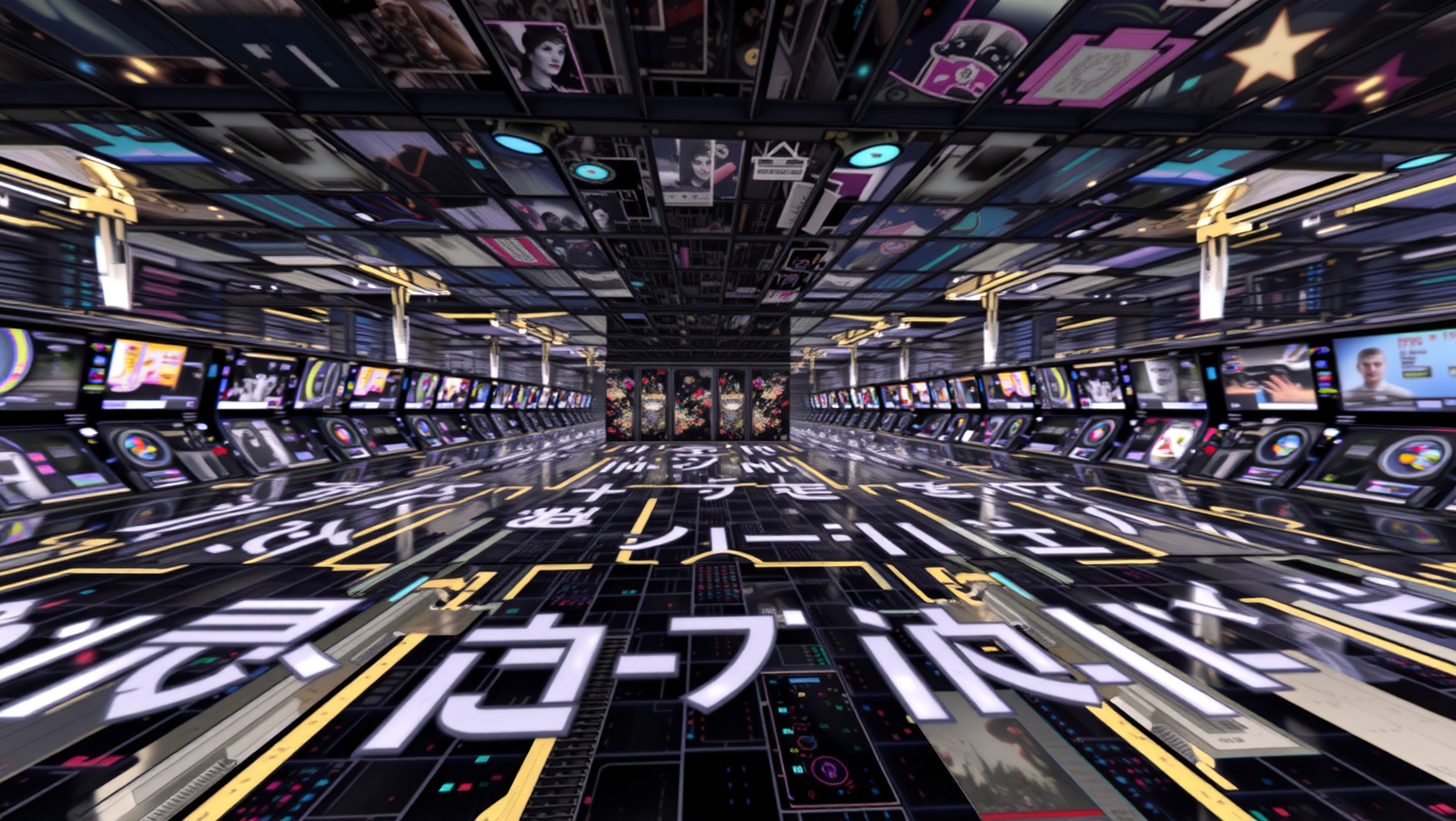 A futuristic corridor with digital screens and neon lights, conveying a high-tech, immersive atmosphere with vibrant graphics and digital art.