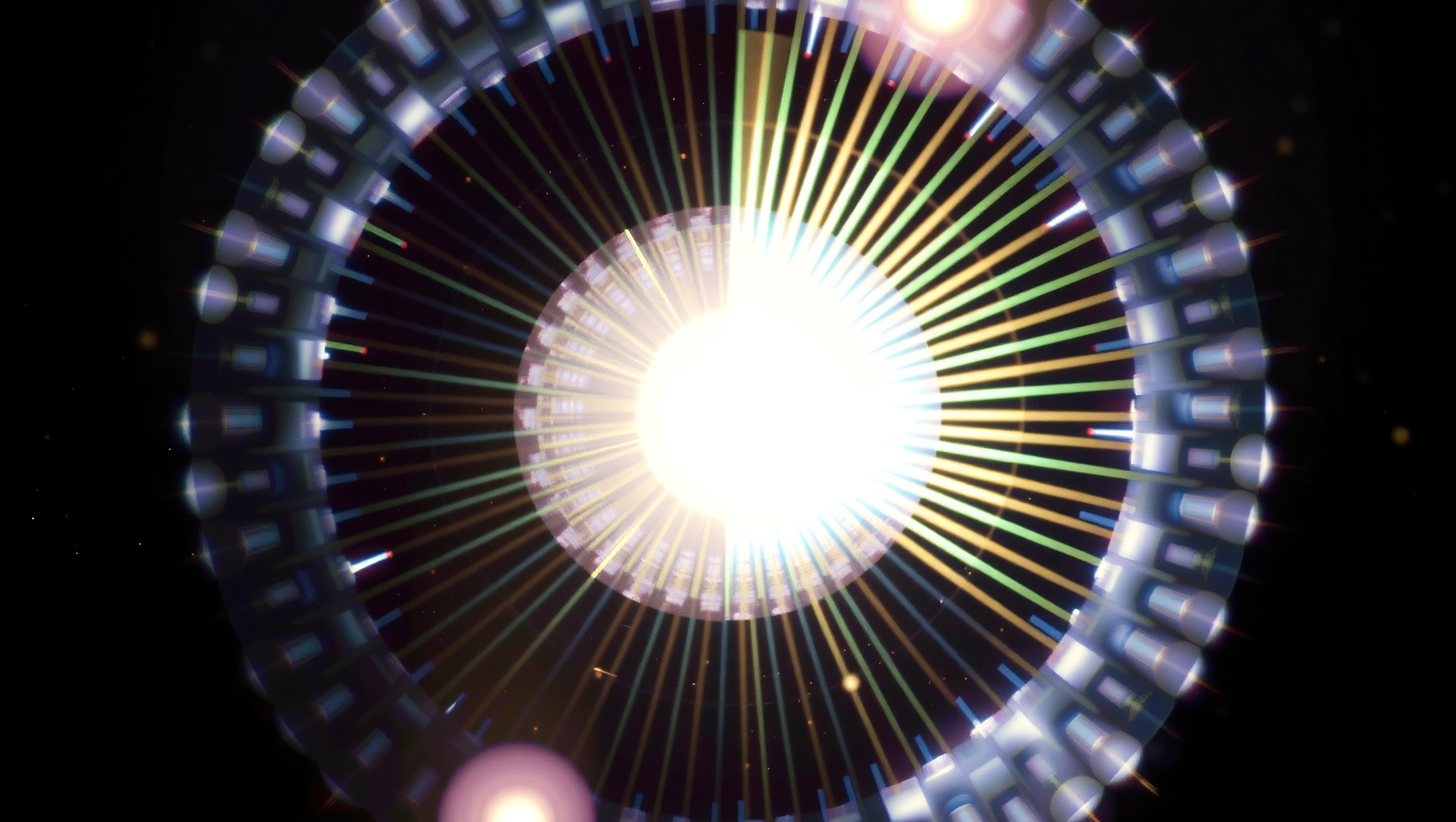 Abstract celestial explosion with colorful light beams and architectural patterns.