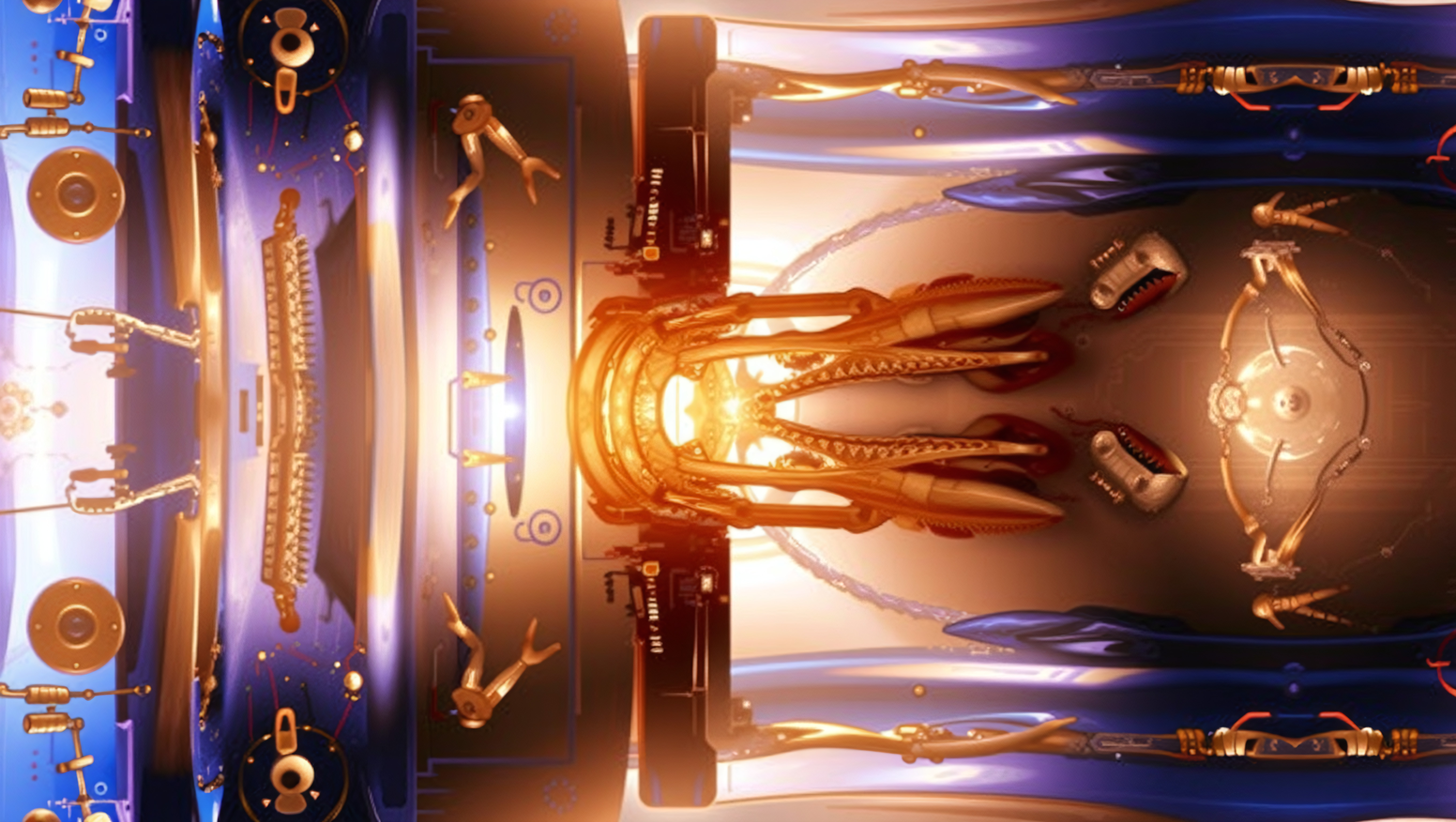 Futuristic Mechanical Interior with Golden Components and Blue P