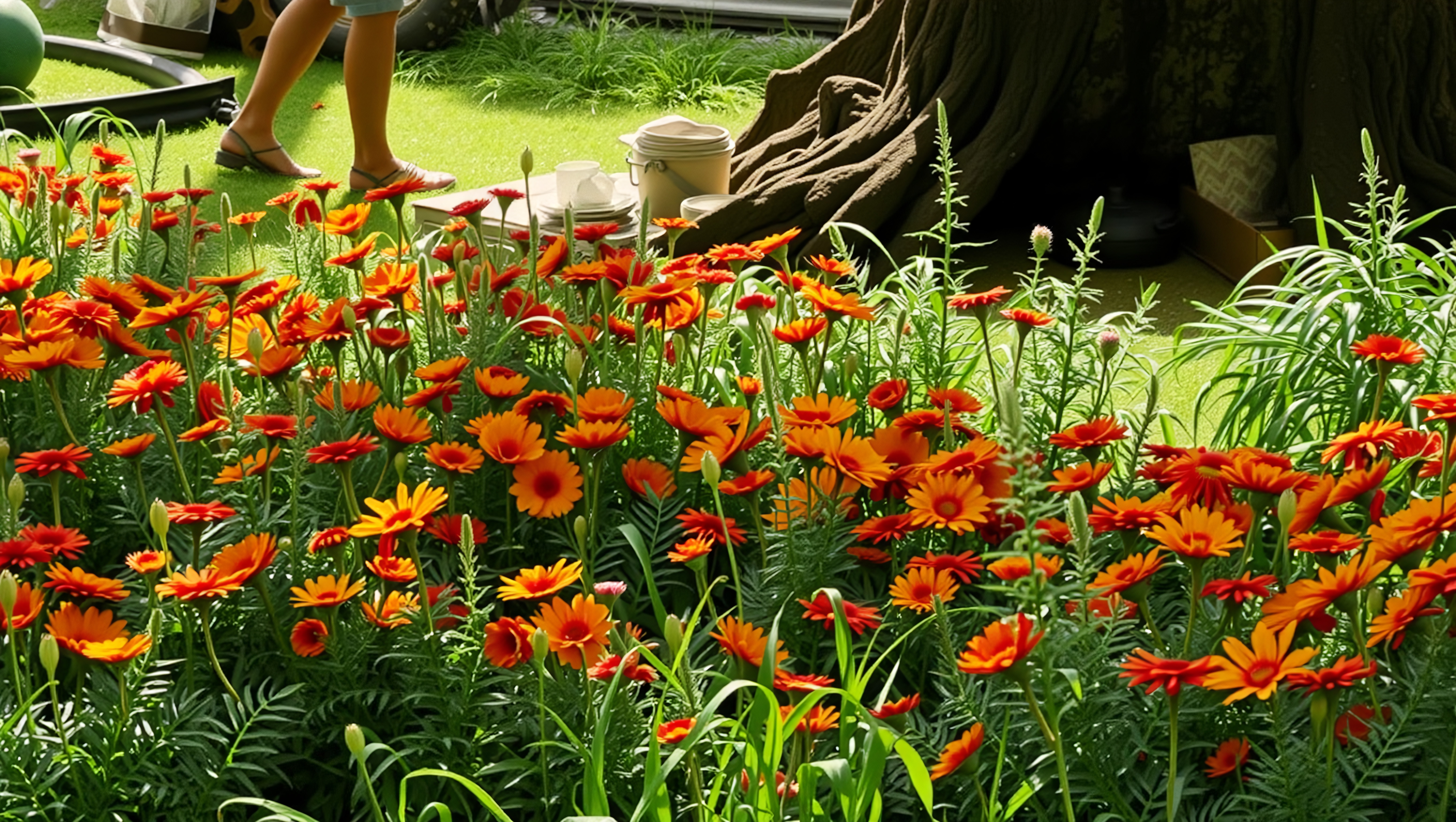 Bright orange-red daisies bloom vibrantly in a lush, sunlit garden scene.