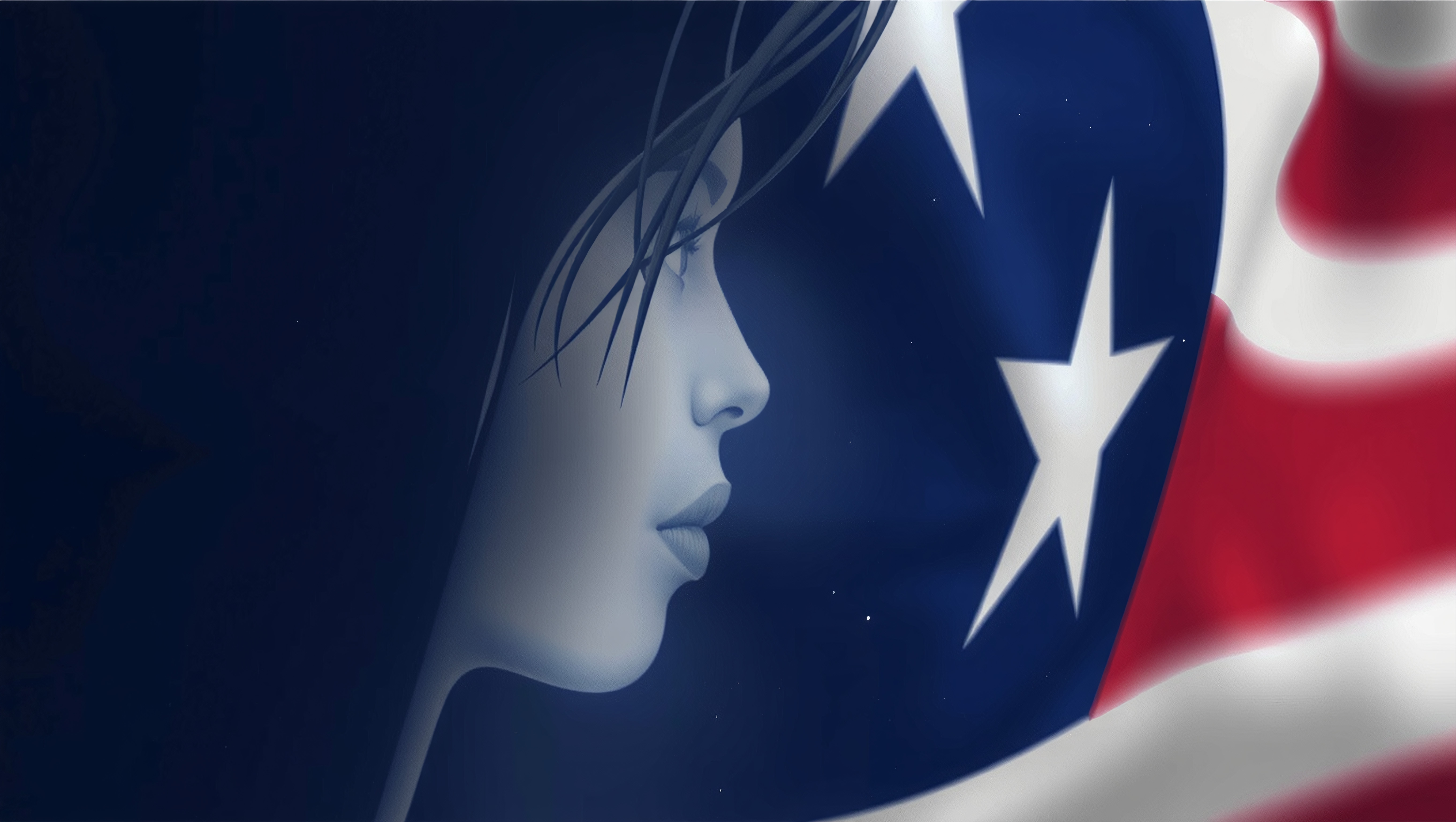 Abstract illustration of a woman's profile blended with the American flag, combining themes of patriotism and identity in a dynamic, artistic design.