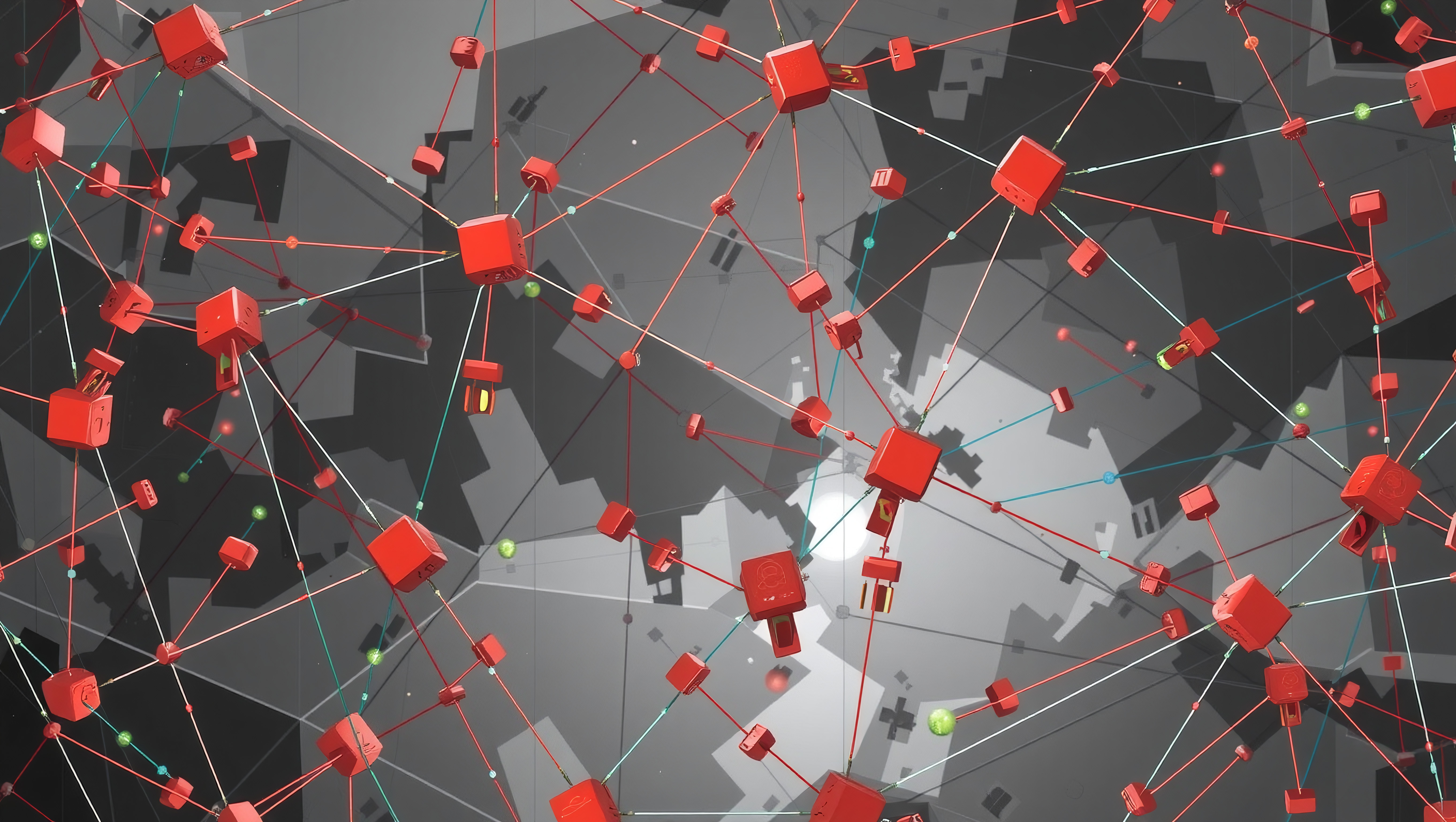 Digital Network Visualization with Red Cubes and Geometric Backg
