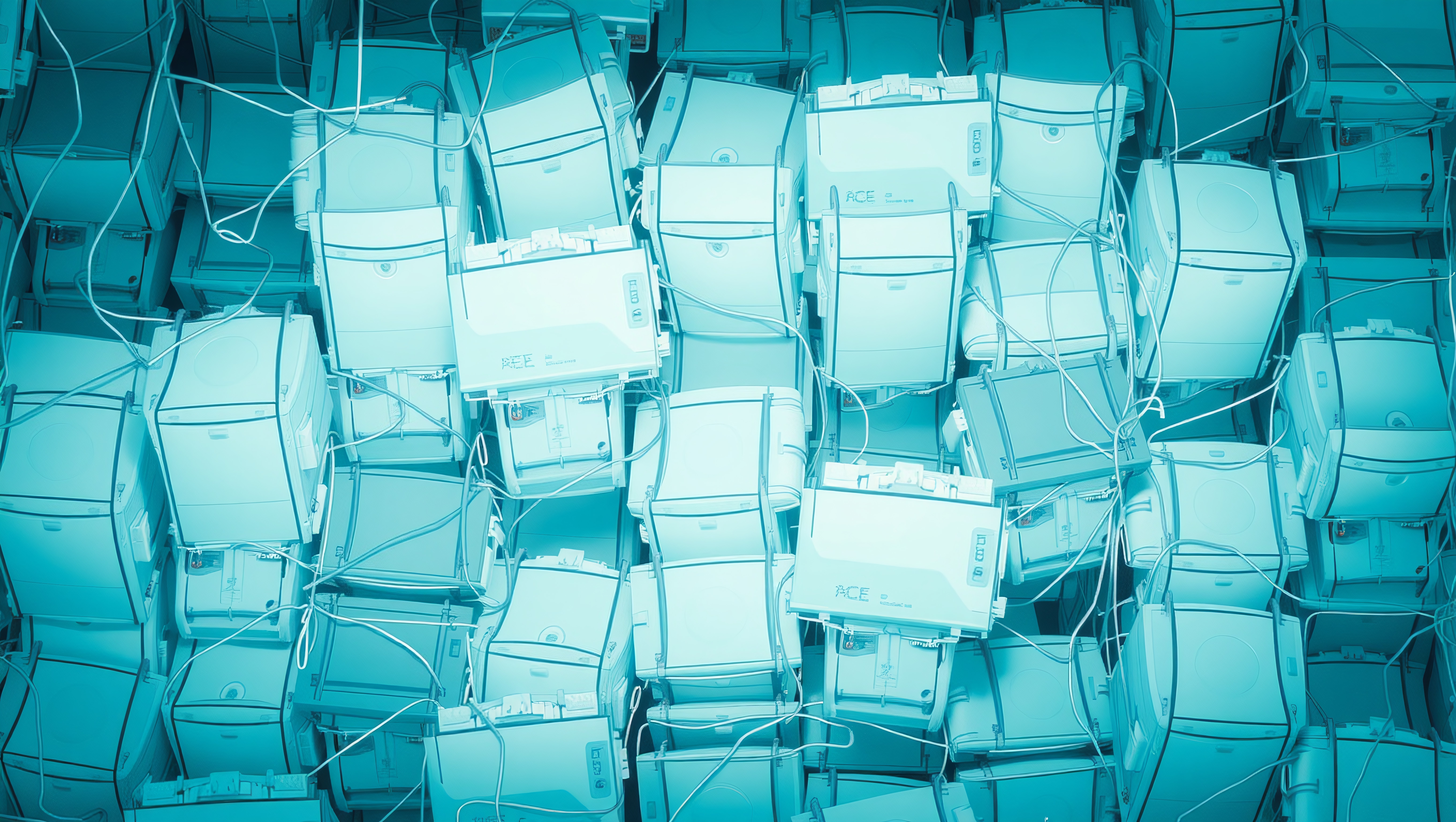 Photo of numerous printers stacked chaotically with intertwined cables, conveying electronic waste and recycling themes.