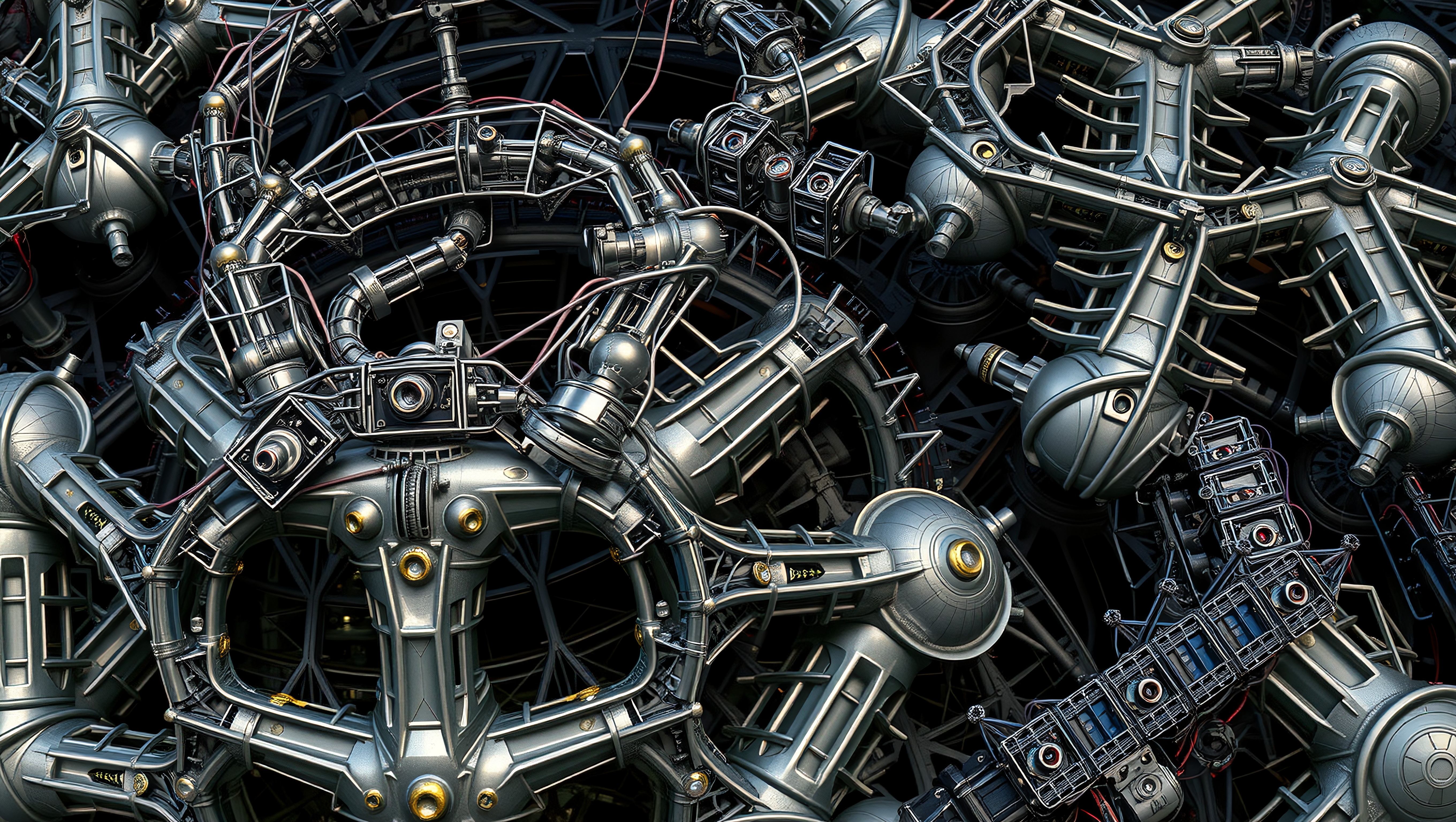 Intricate arrangement of complex metallic machinery with silver tones and gold accents, showcasing advanced engineering.