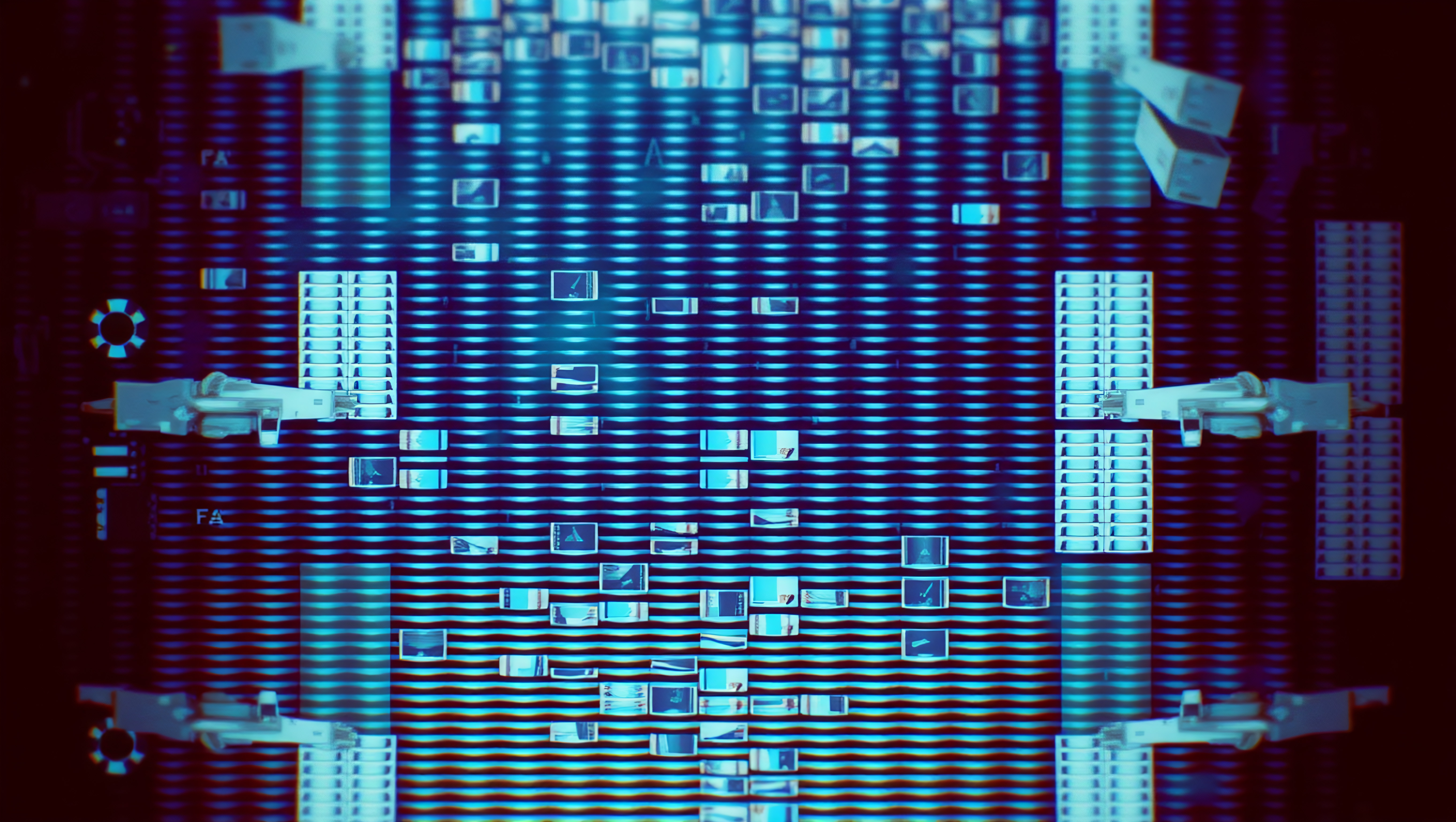 Close-up of blue circuit board with glowing pathways and electronic components for tech