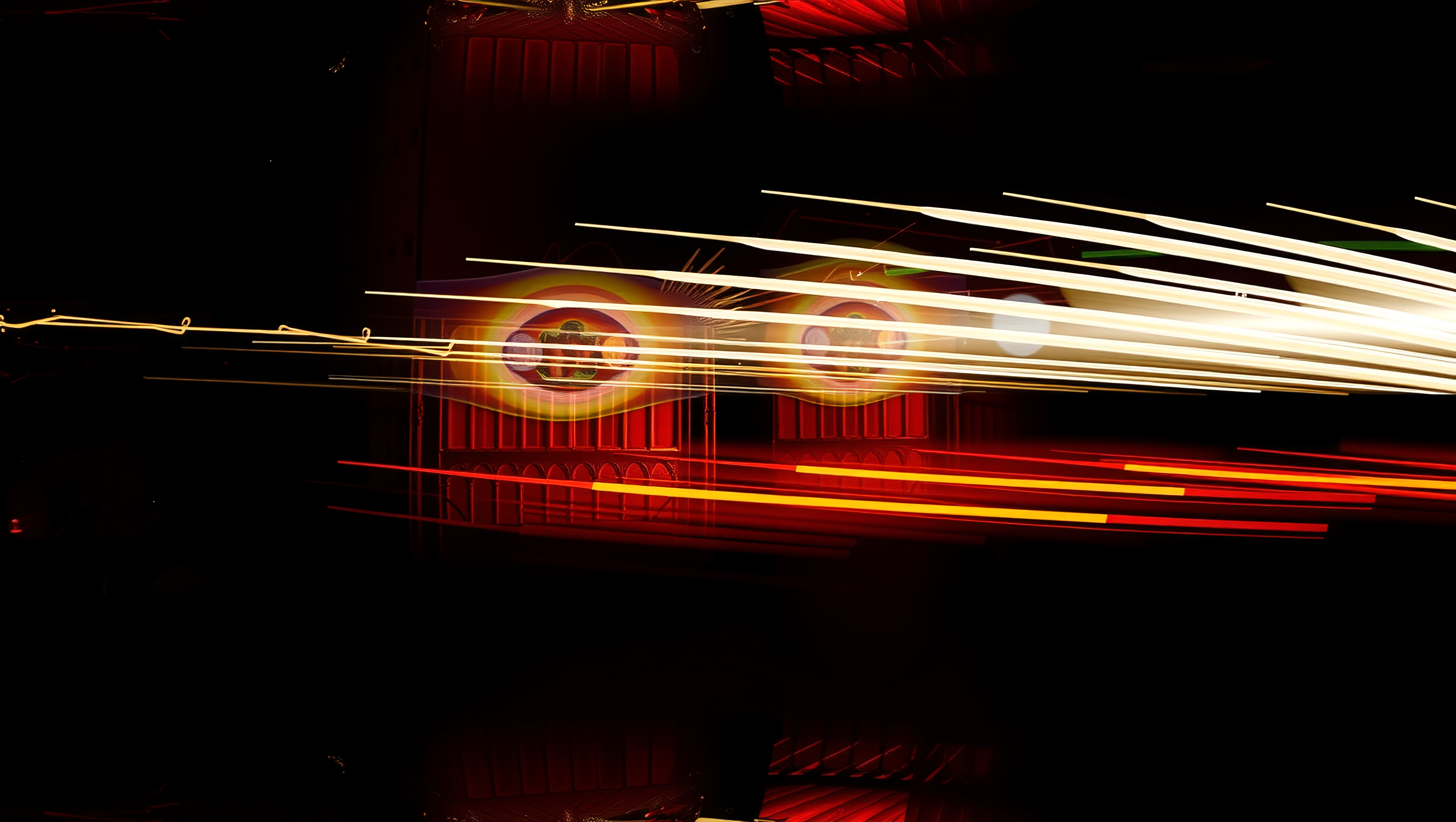 Colorful light streaks cross dynamic nighttime backdrop.
