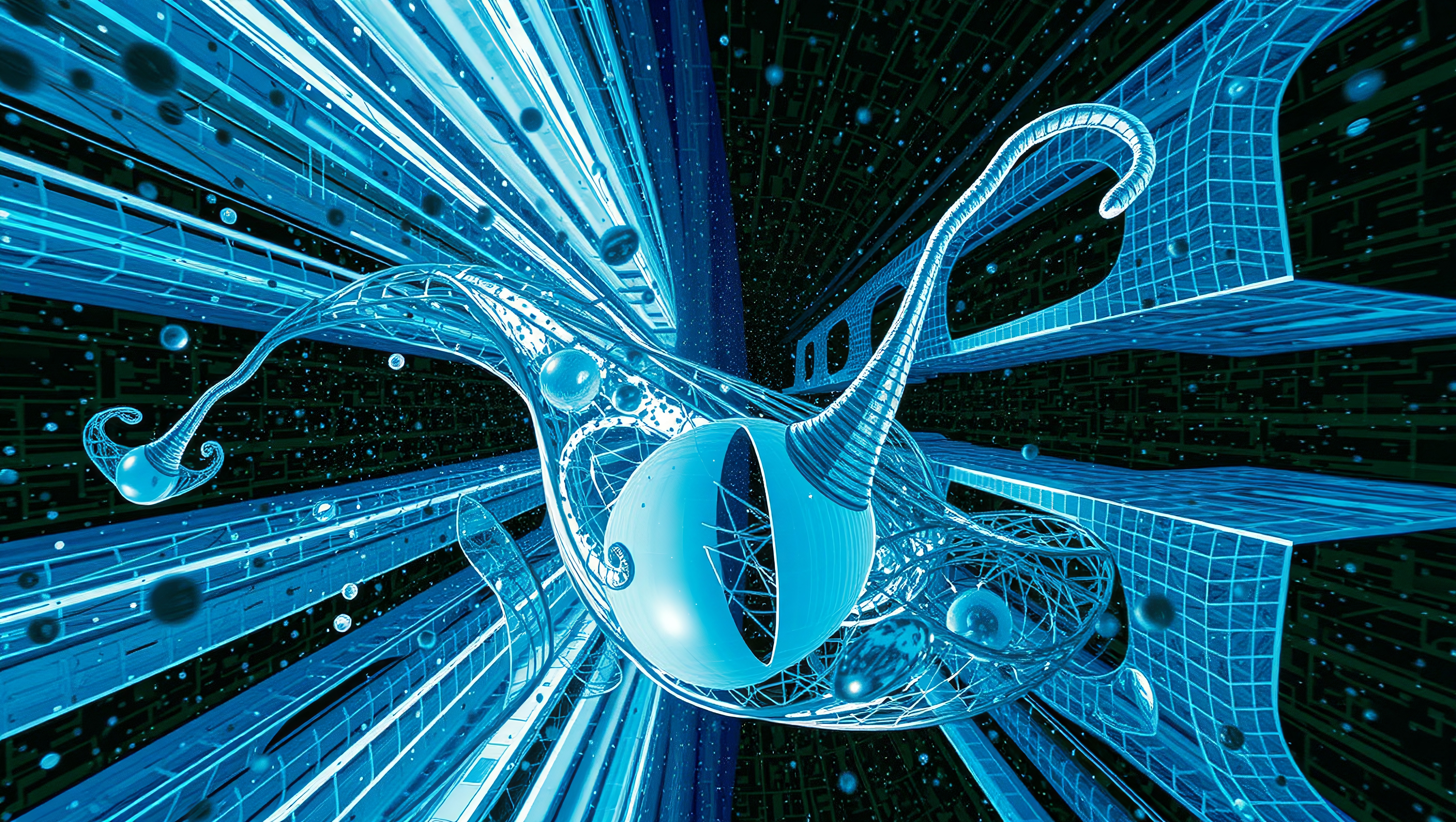 Futuristic Blue Abstract Digital Art with Glowing Wireframe Stru