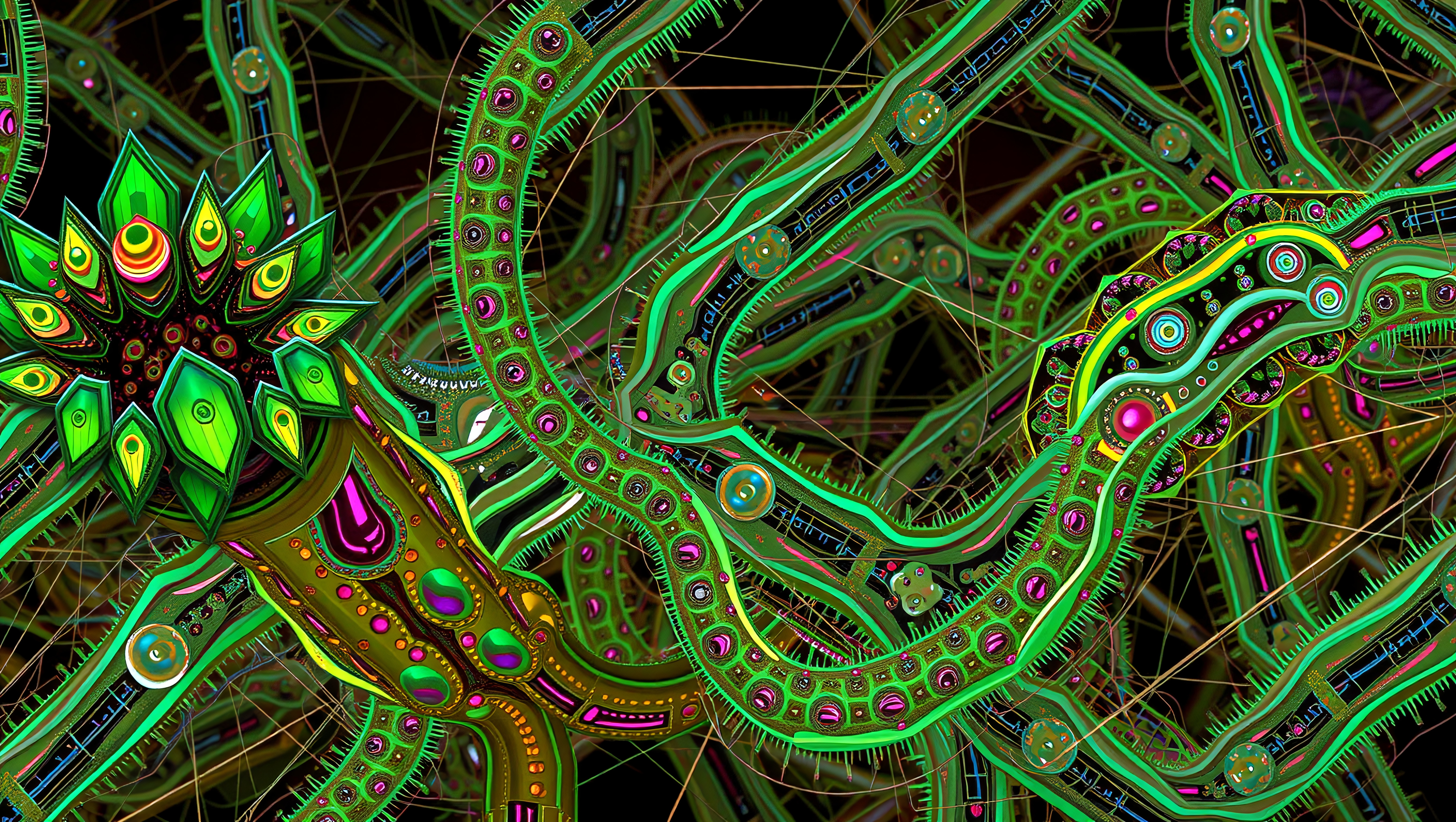 A vibrant abstract digital artwork with intricate, intertwined designs and organic, futuristic shapes in greens and pinks.