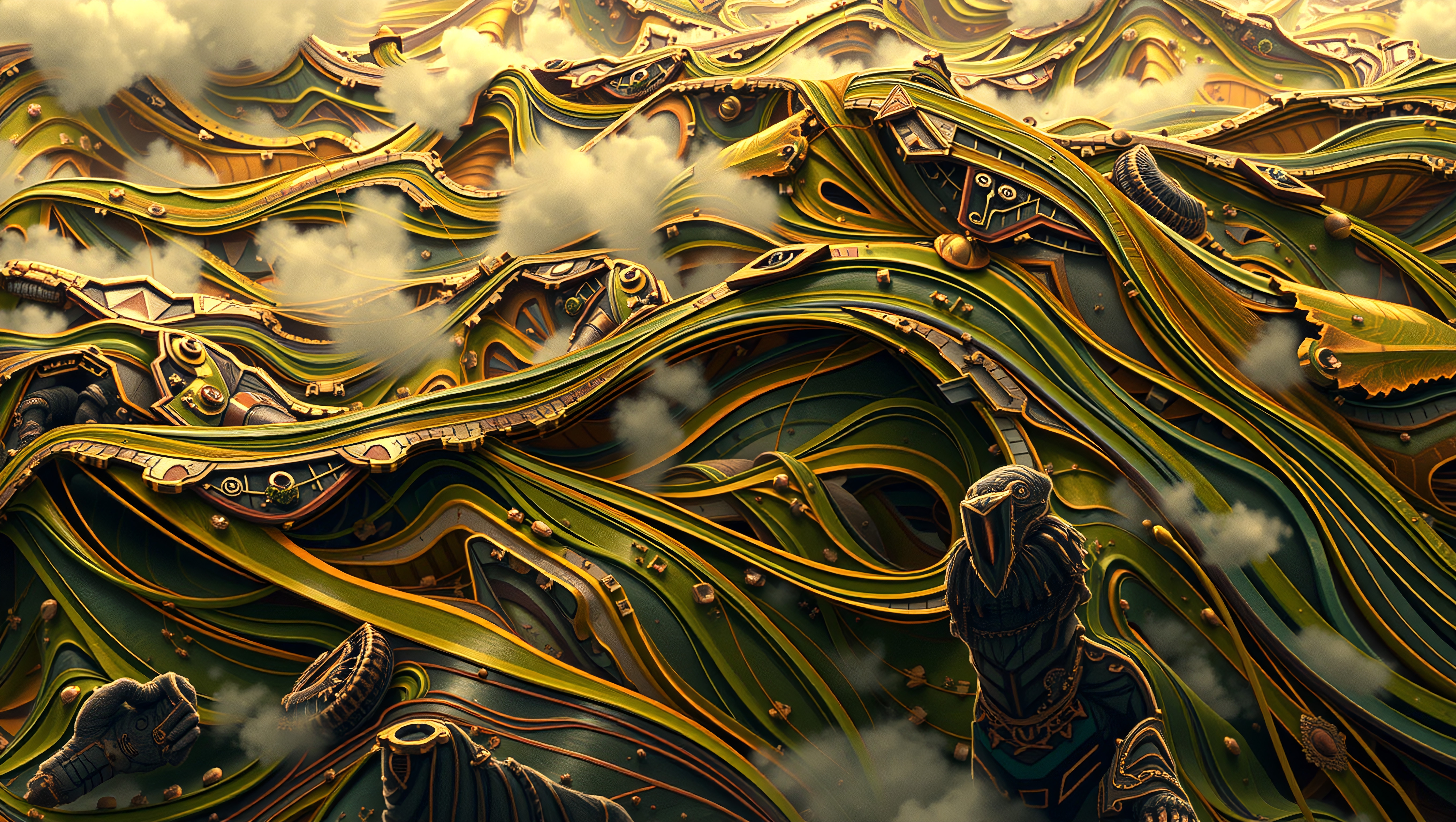 Surreal Steampunk Fantasy Artwork Featuring Metallic Wavy Landscapes With Gears And Smoke