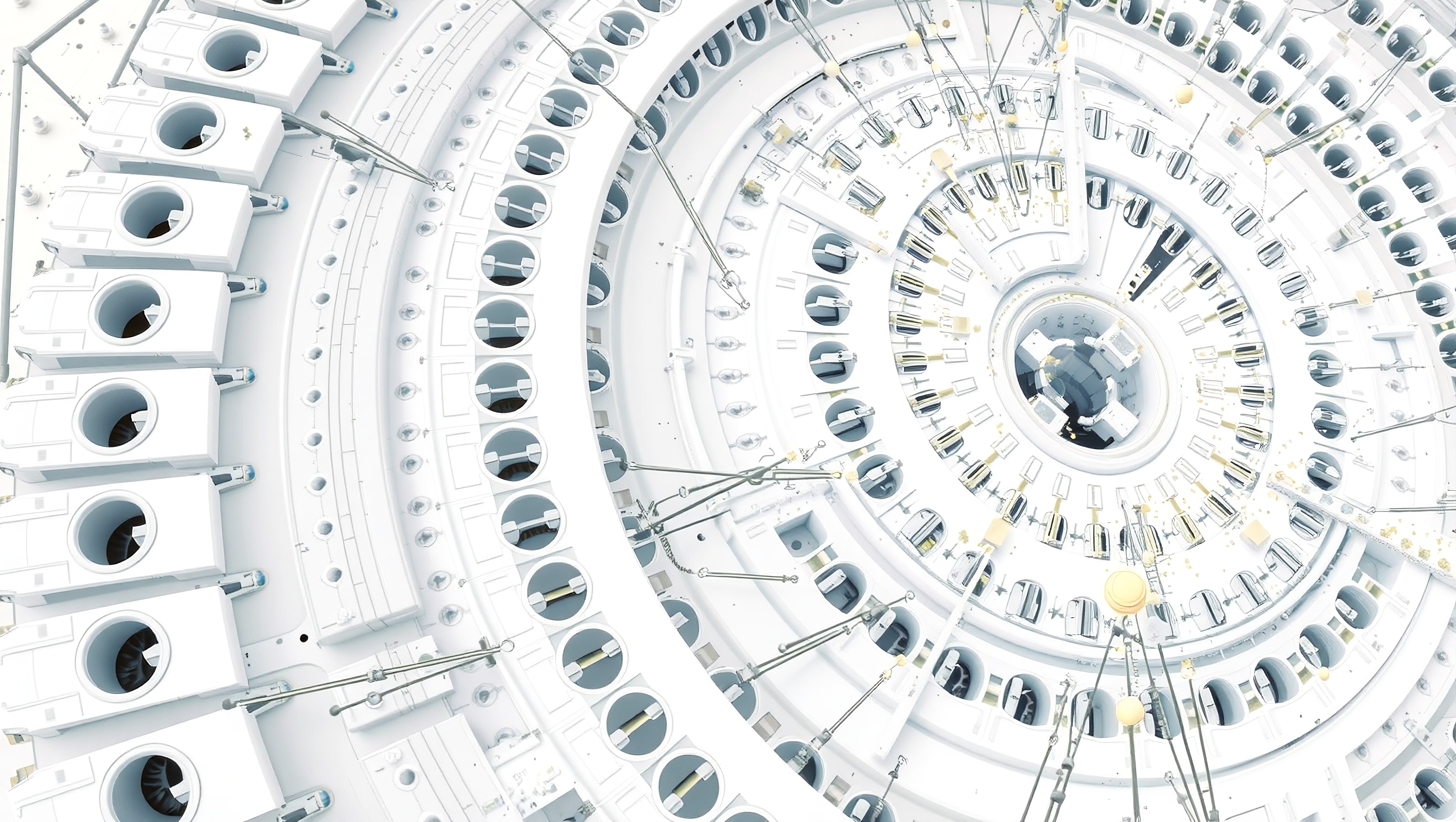 Intricate futuristic circular machinery with precise white and grey components.