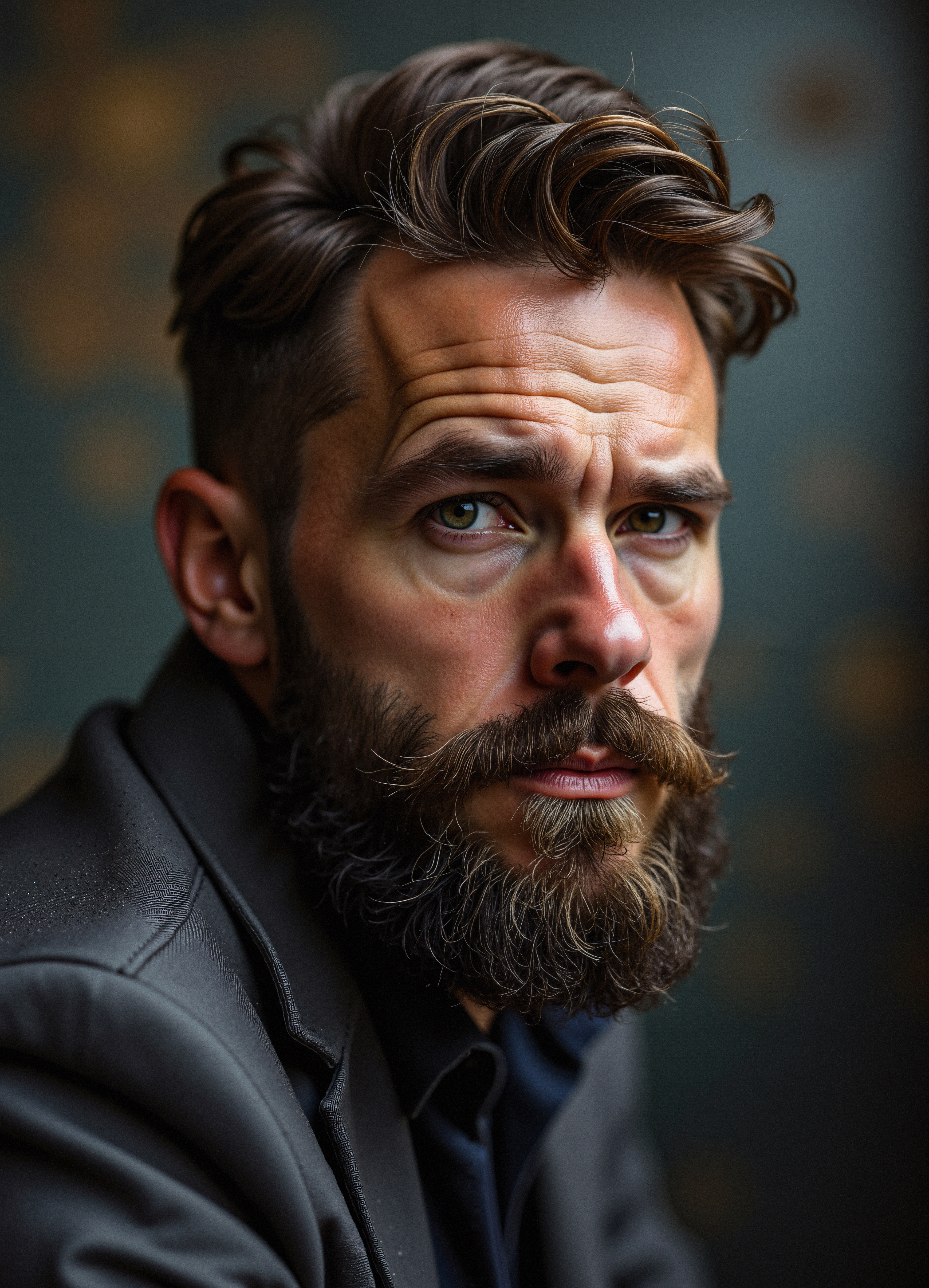 Close-up Portrait of Bearded Man in Dark Leather Jacket