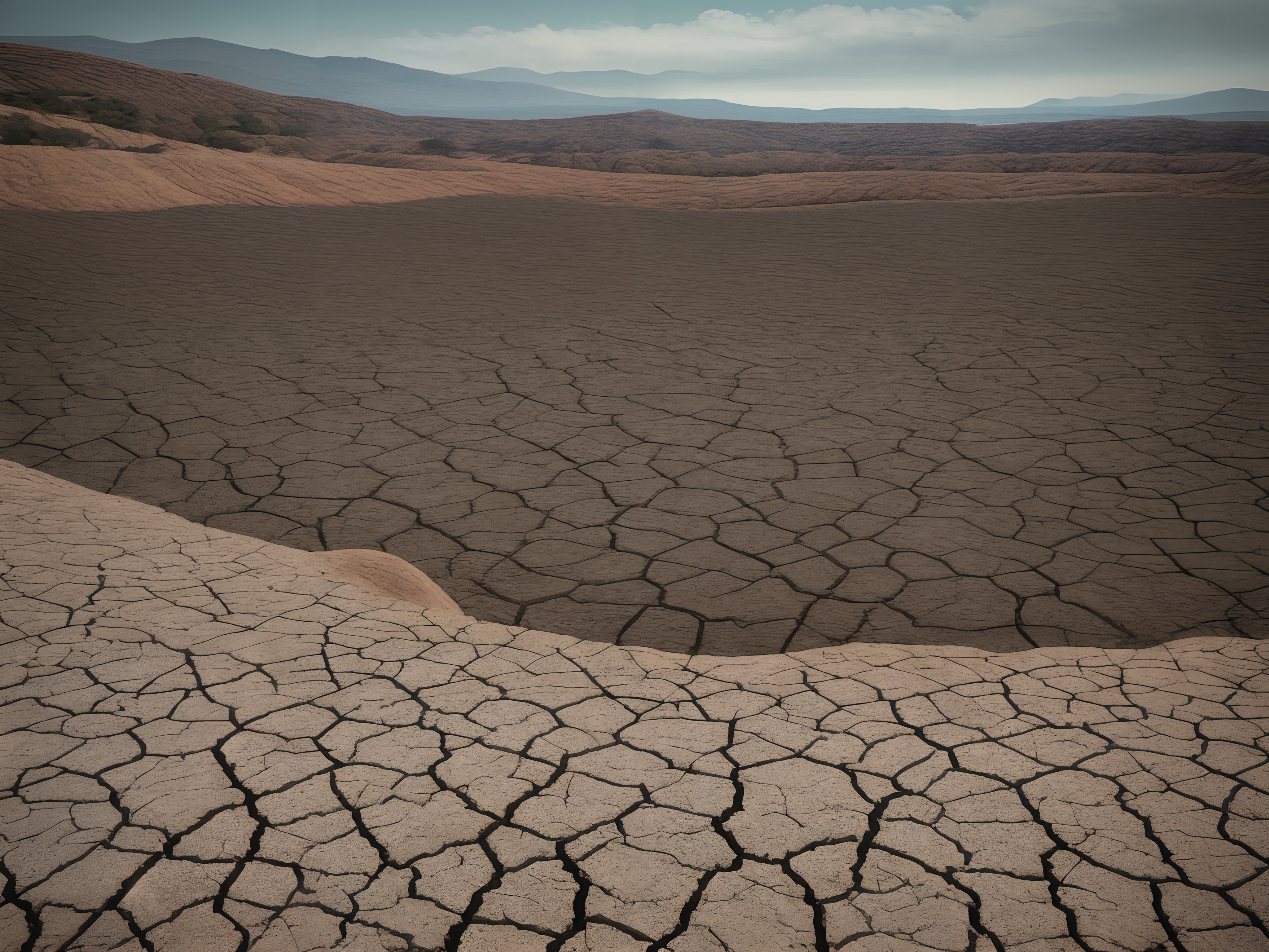 Dramatic view of a cracked, dry desert landscape under a blue sky with distant hills.