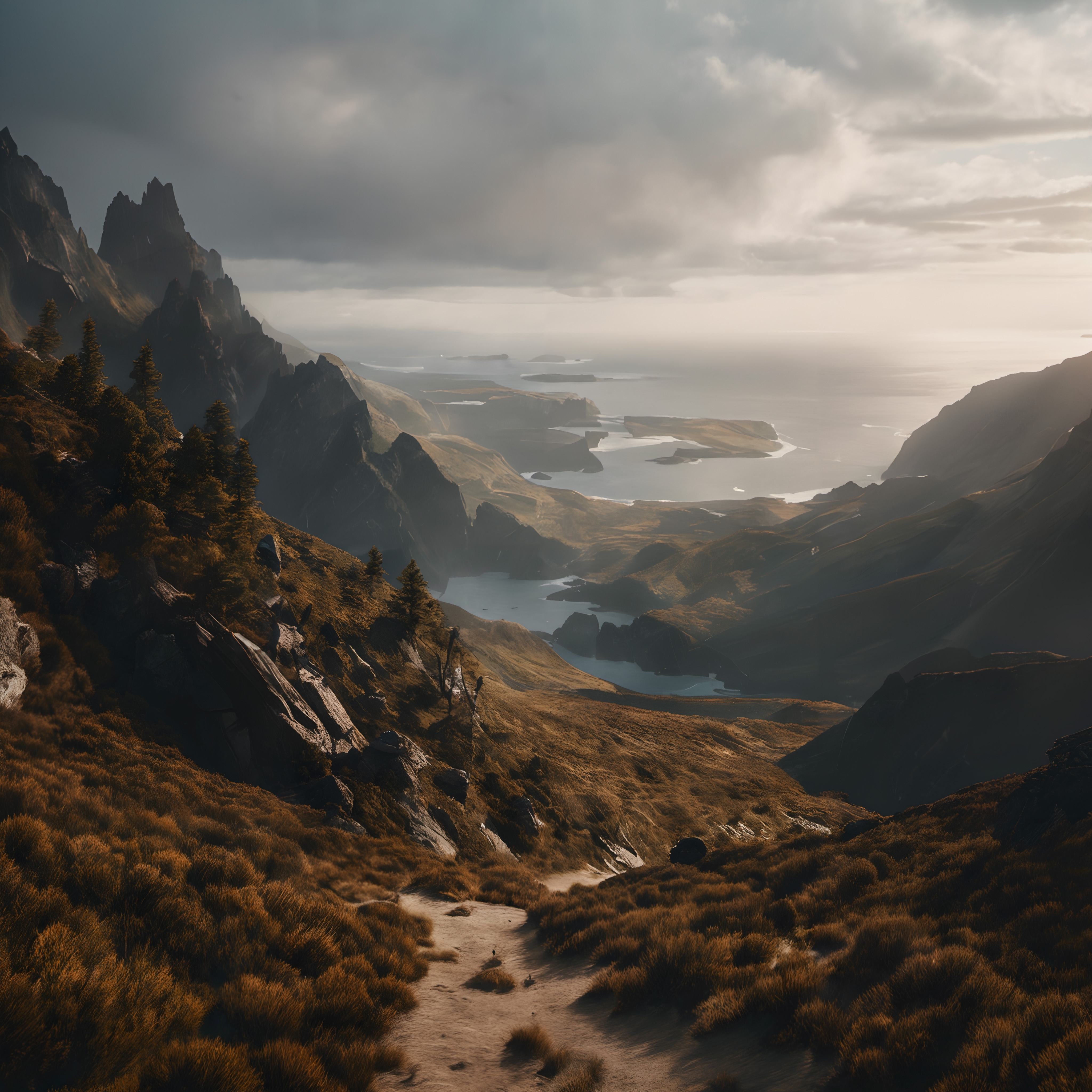 Majestic landscape of rugged mountains meeting the sea under a dramatic sky.