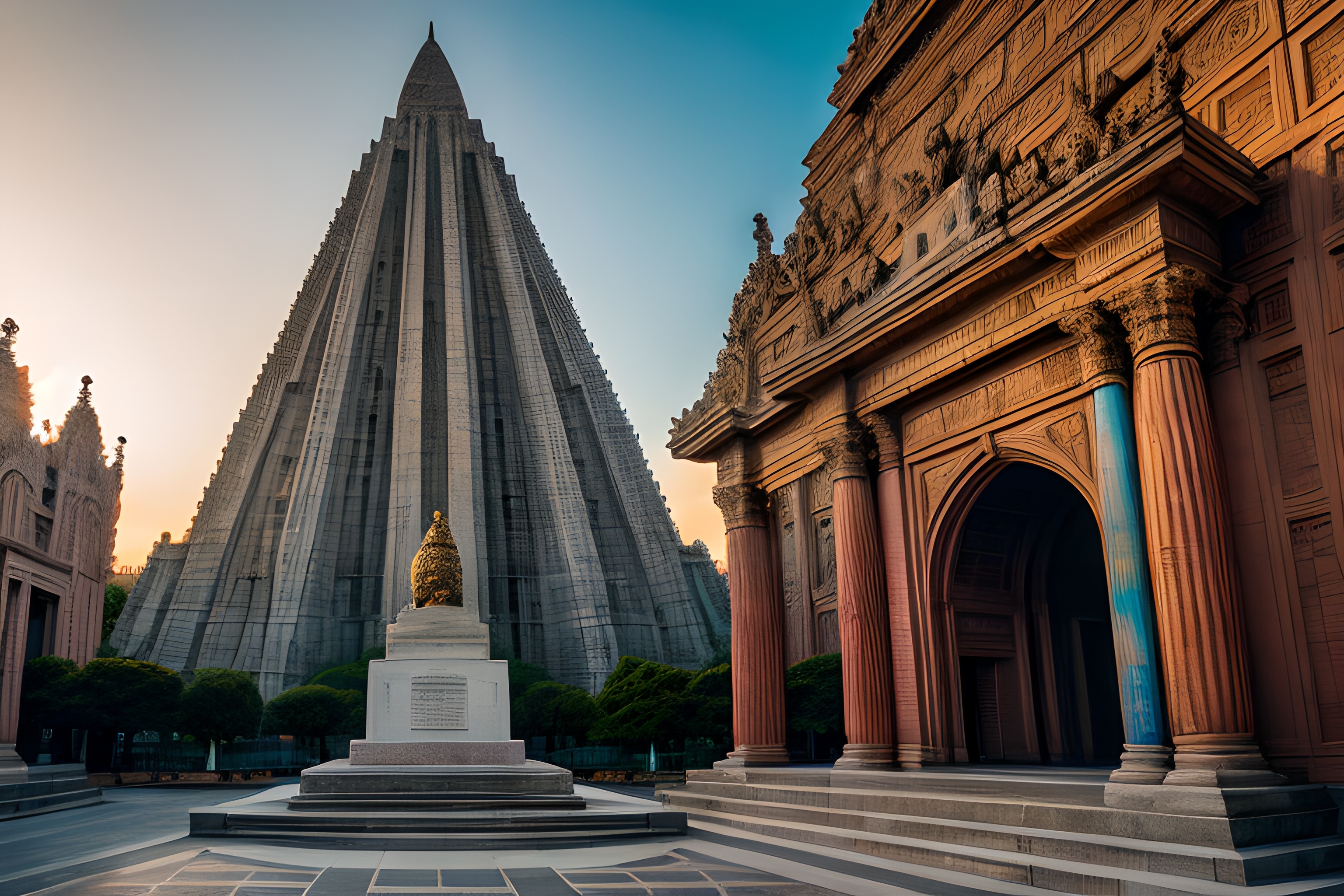 Stunning architectural scene with towering pyramid structure, ornate facade, and warm evening light.