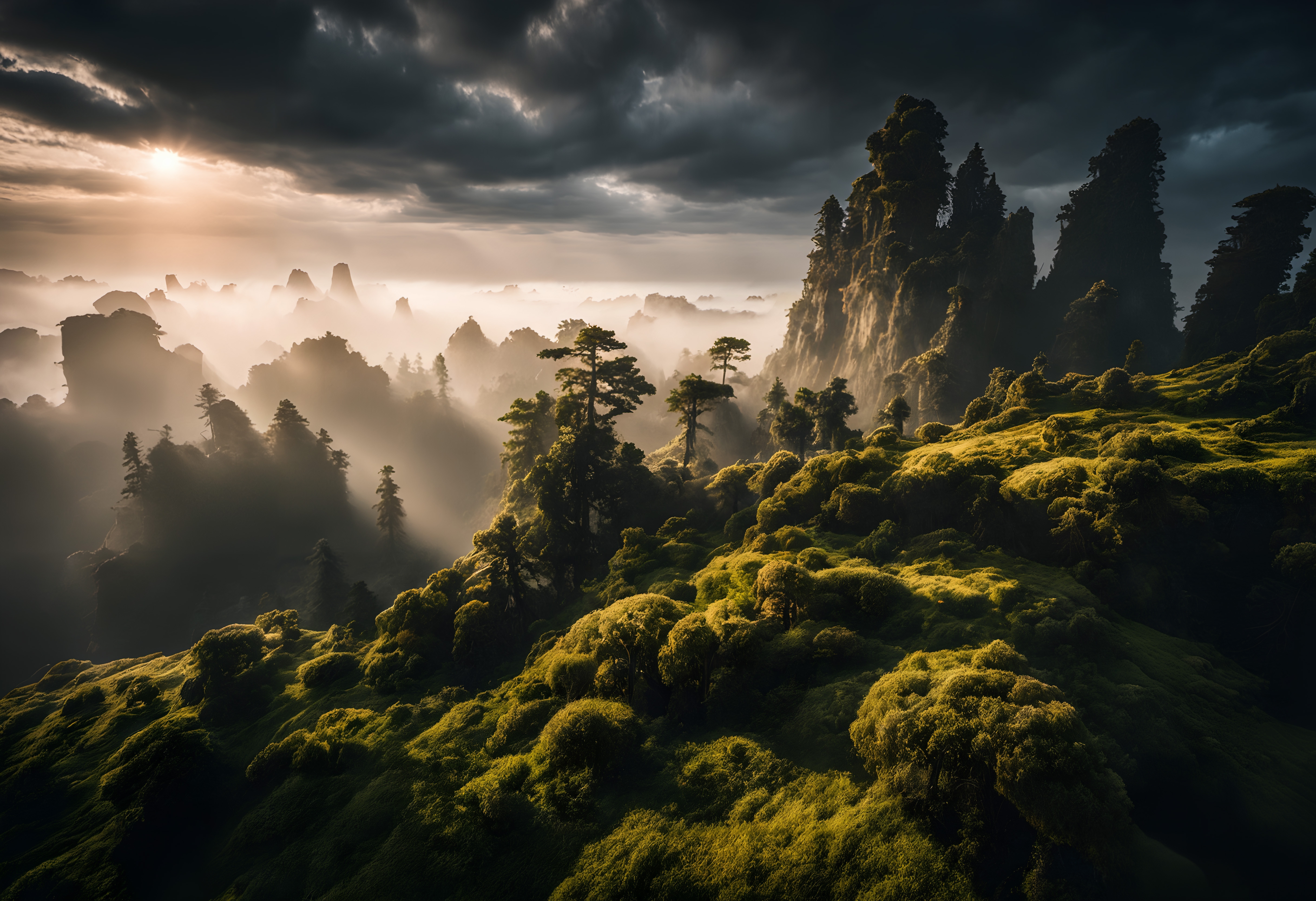 A dramatic landscape of cliffs and trees with sunlight filtering through misty clouds.