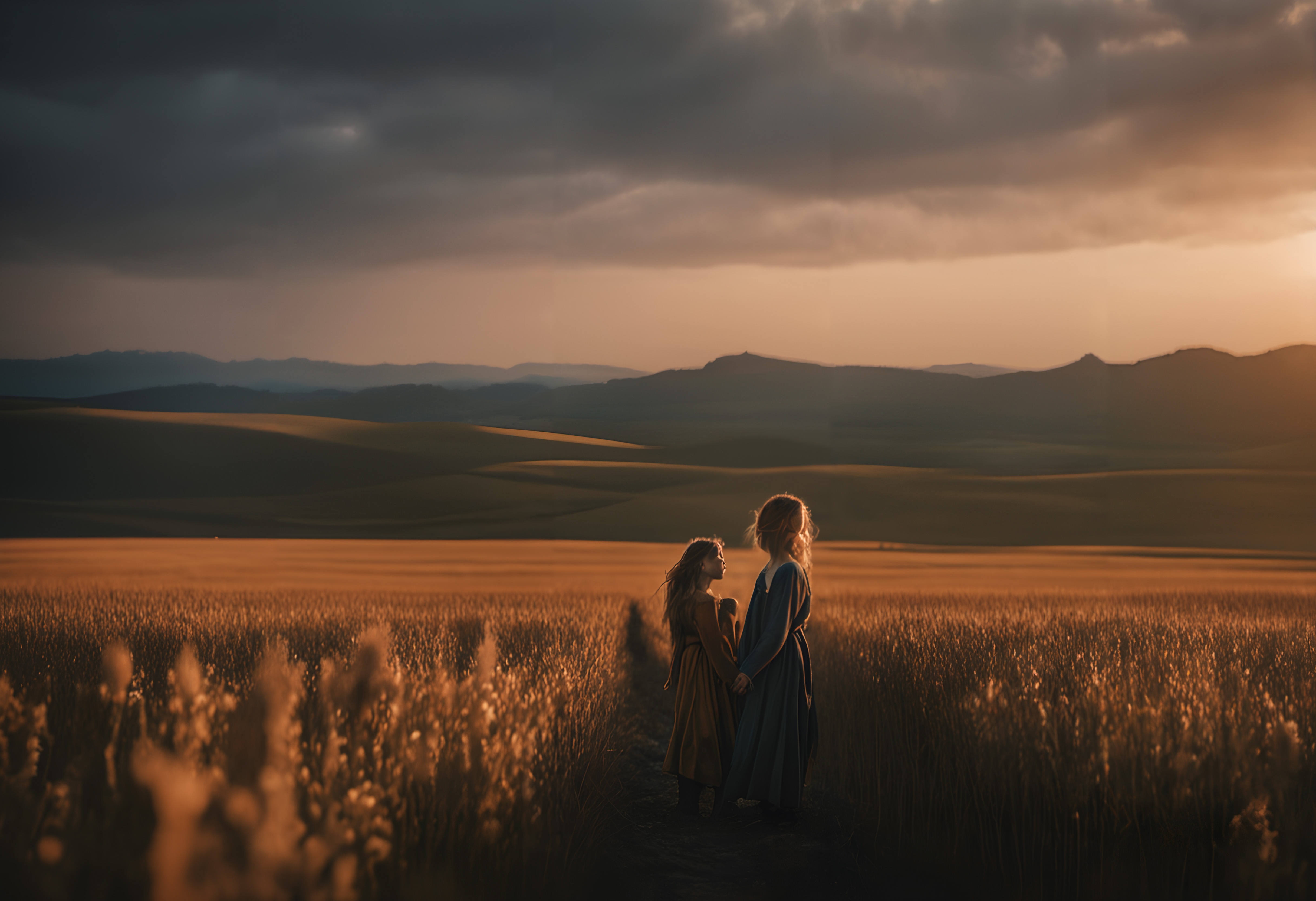 Two children in a wheat field at sunset, surrounded by dramatic clouds and distant mountains.
