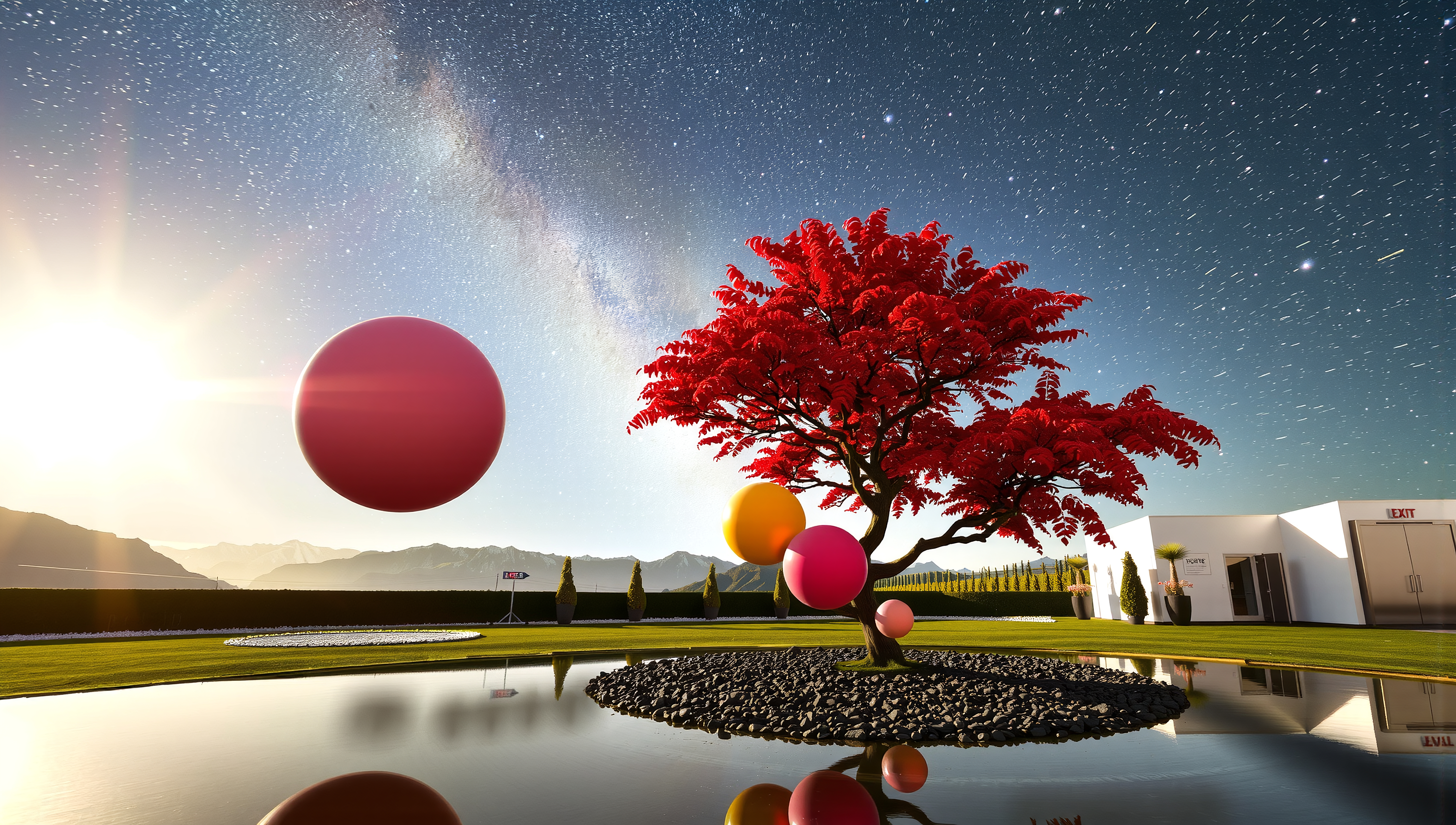 Surreal Night Landscape with Red Tree and Floating Spheres