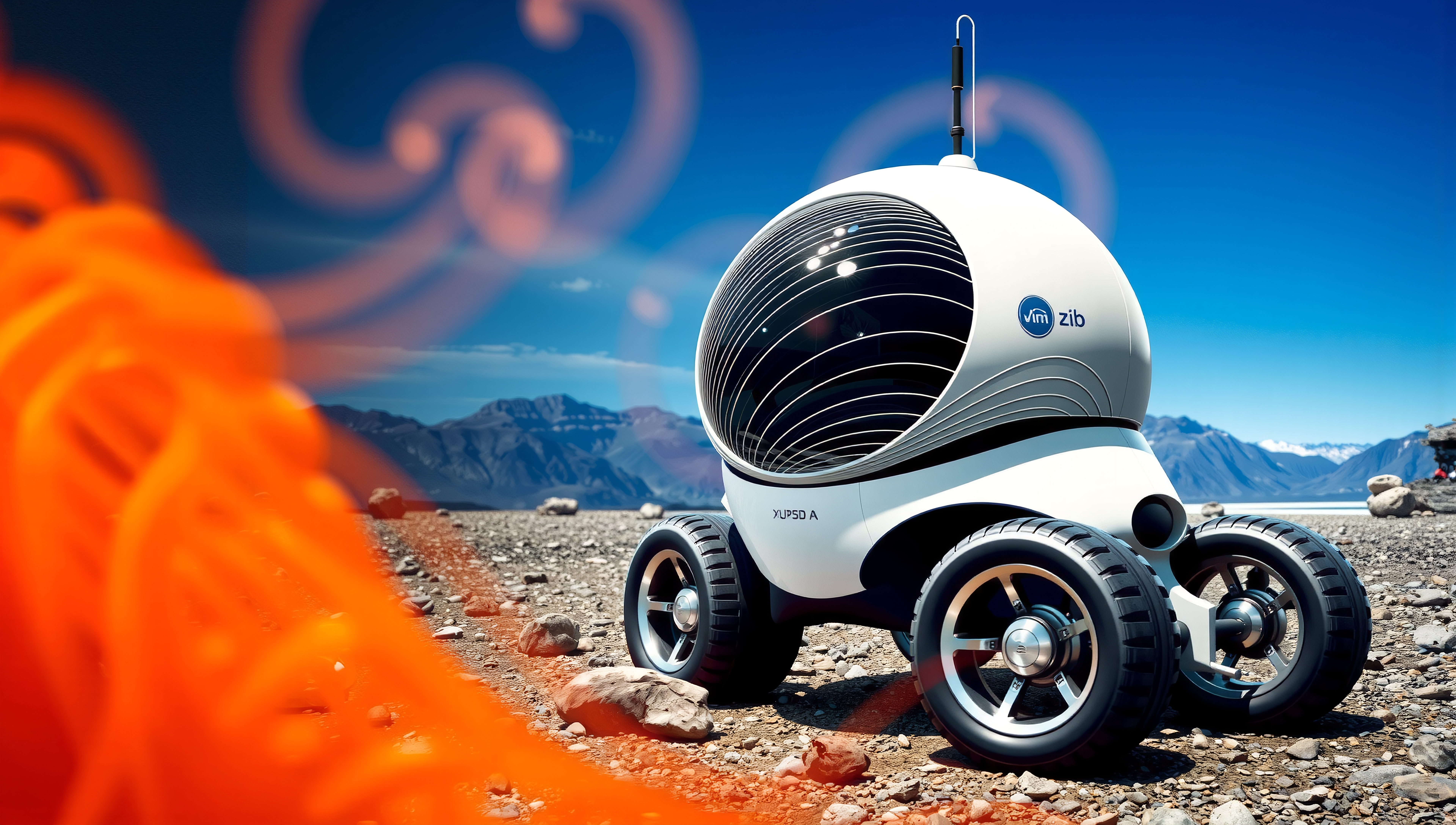 A futuristic rover set in a mountainous landscape with a vibrant blue sky, showcasing advanced technology and exploration potential.
