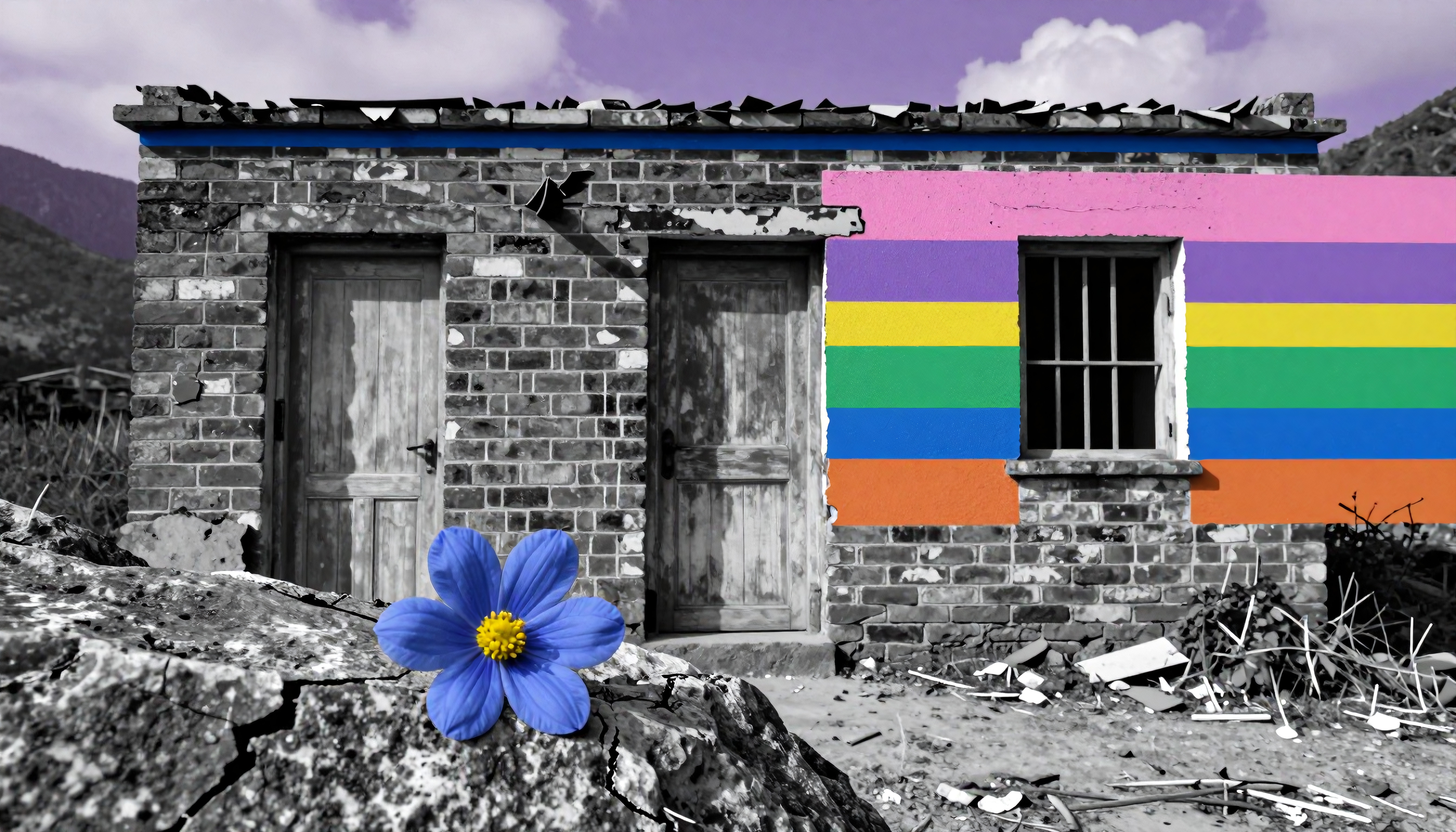 A vibrant flower and colorful wall brighten an abandoned, desolate scene.
