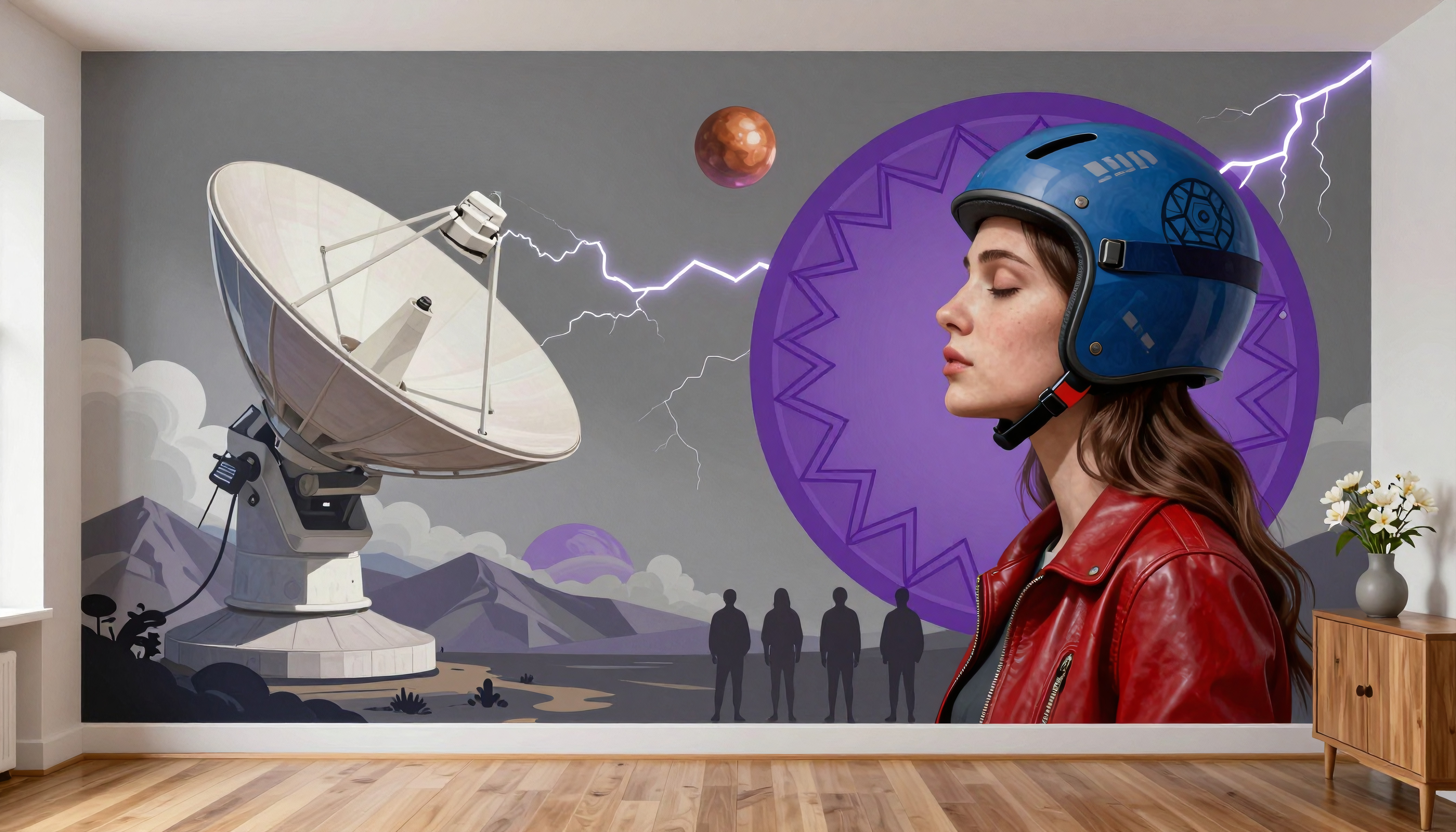 Woman with Helmet and Satellite Dish Mural in Modern Interior