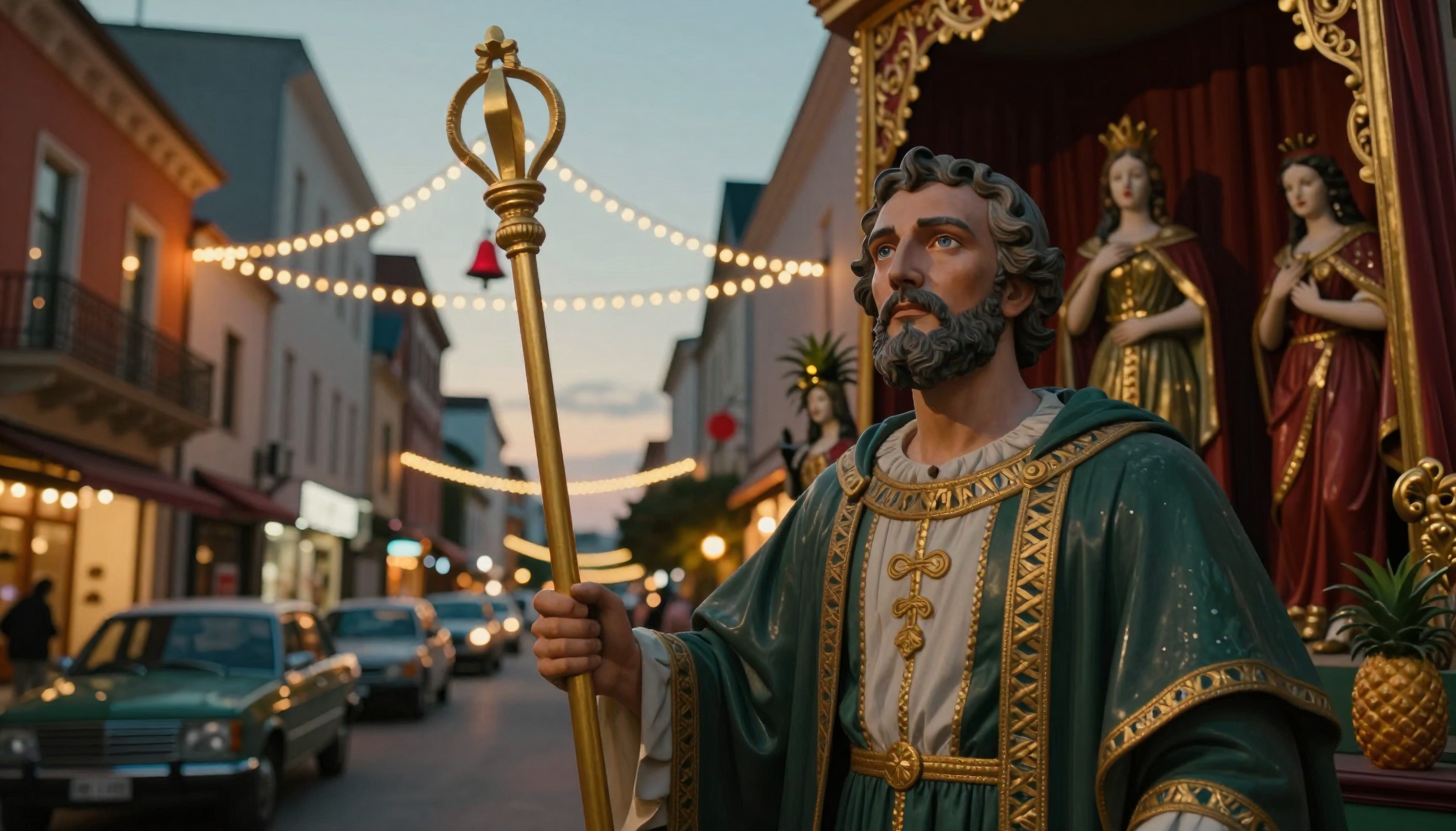 Statue of a saint in festive evening street parade.