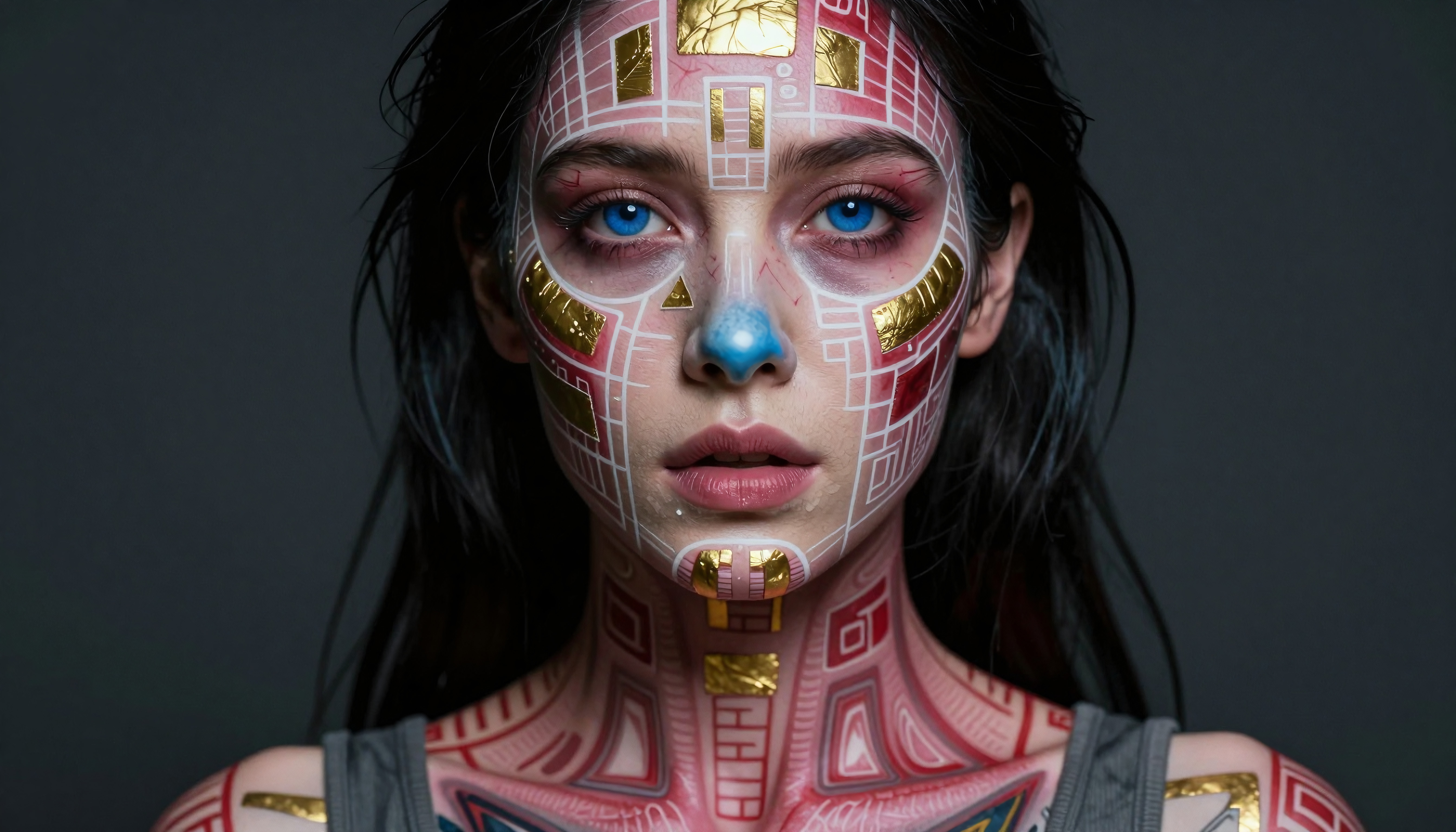 Cyberpunk Futuristic Face Painting with Geometric Red and Gold P