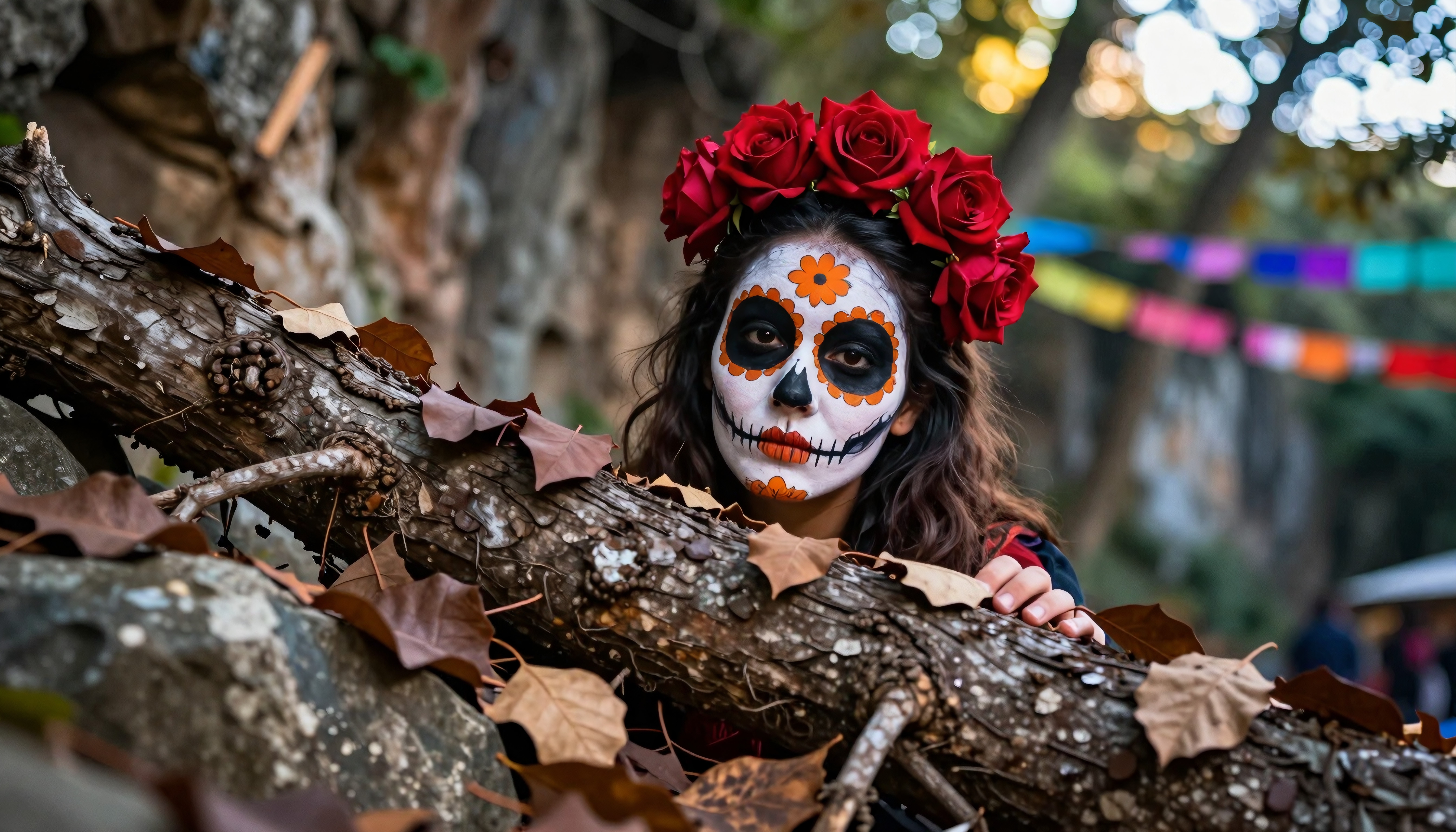 A woman with Día de los Muertos face paint and a red rose crown peeks through branches adorned with autumn leaves, set against a festive background.