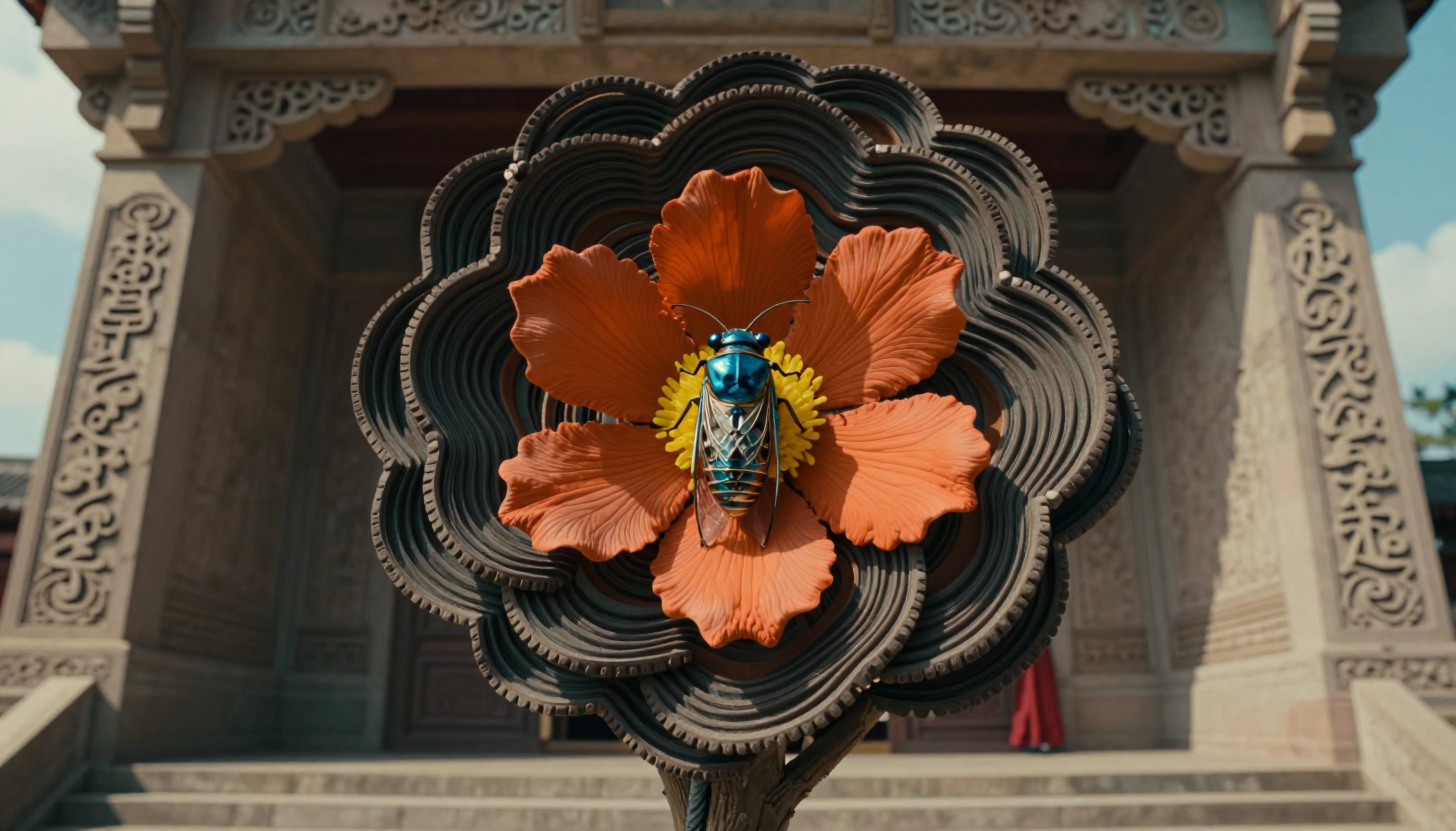 Artistic Stylized Flower with Blue Insect and Traditional Buildi