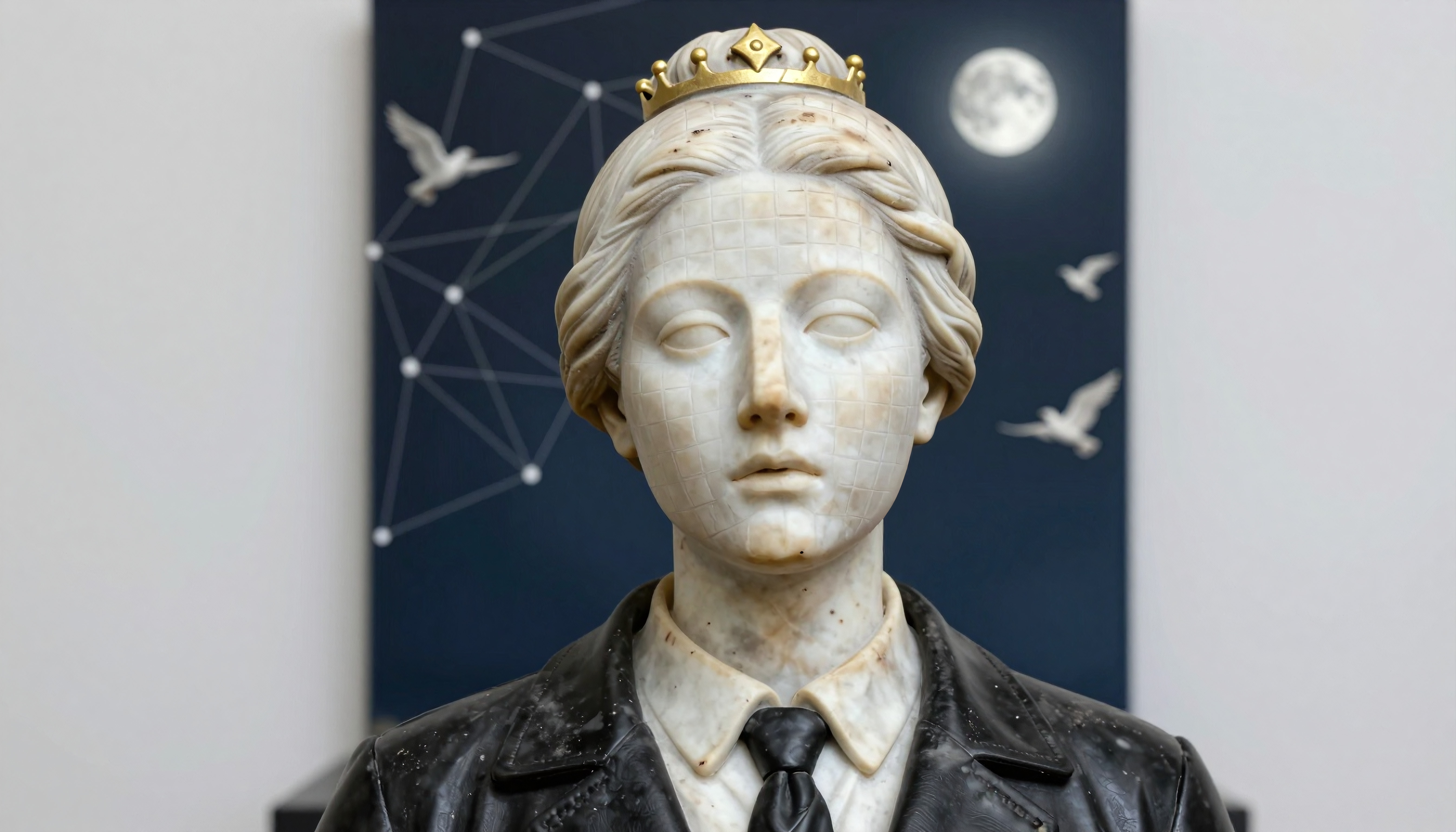 Stoic Marble Bust with Diadem Against Abstract Celestial Backgro