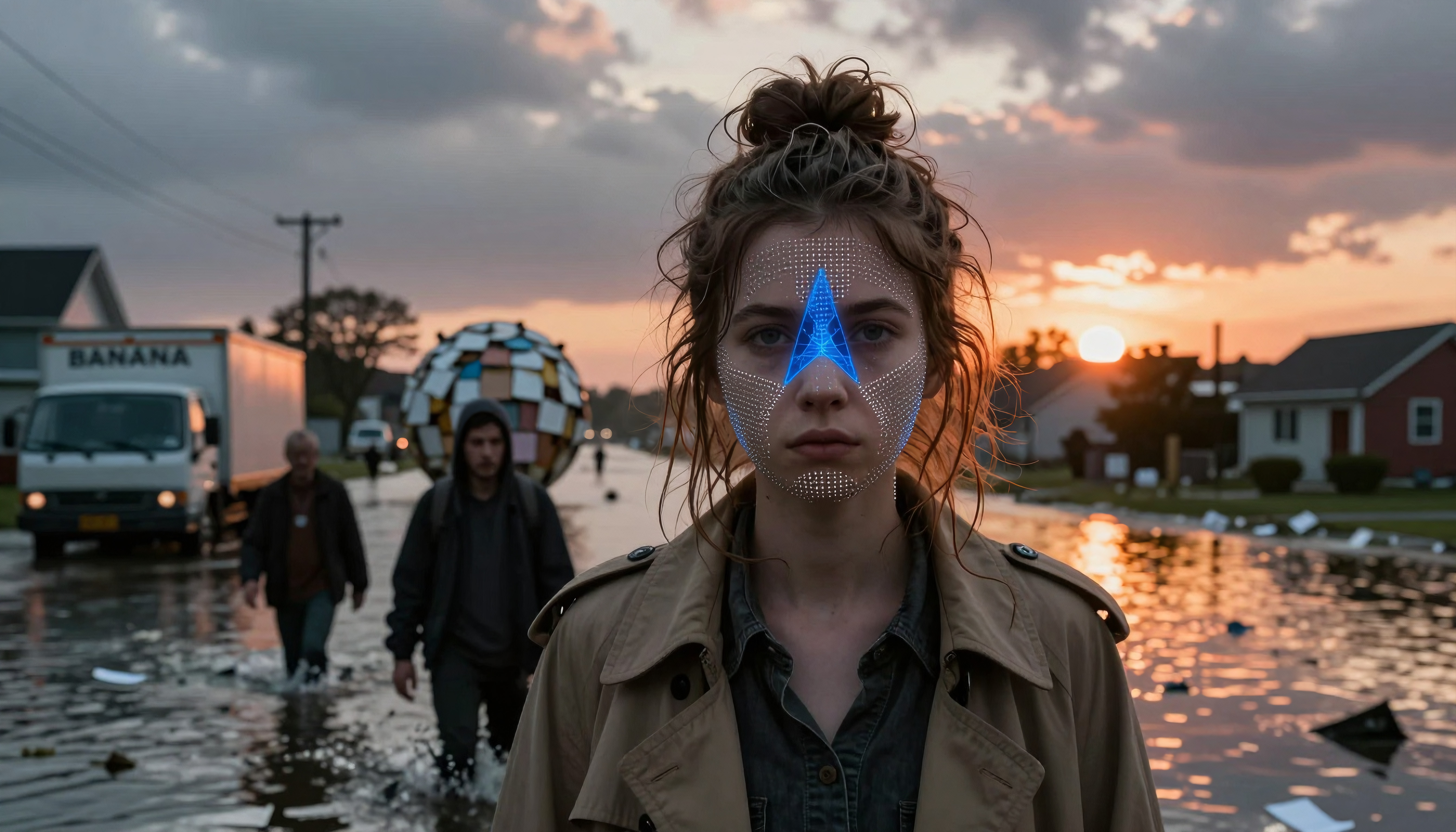 Woman with glowing facial grid walking through floodwaters during sunset