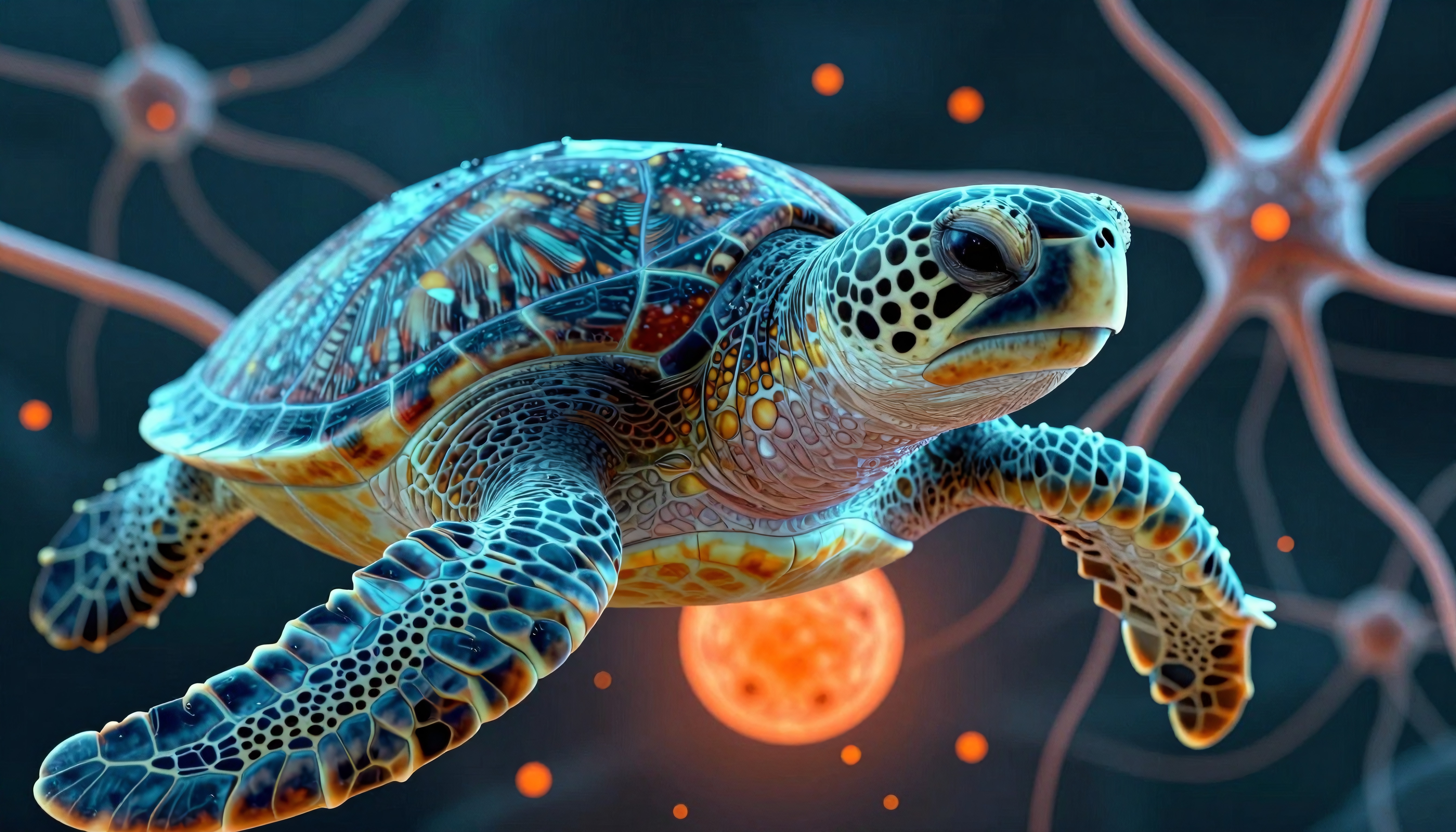 A vividly colored turtle swims against a surreal, abstract background of orange orbs and neural-like patterns.