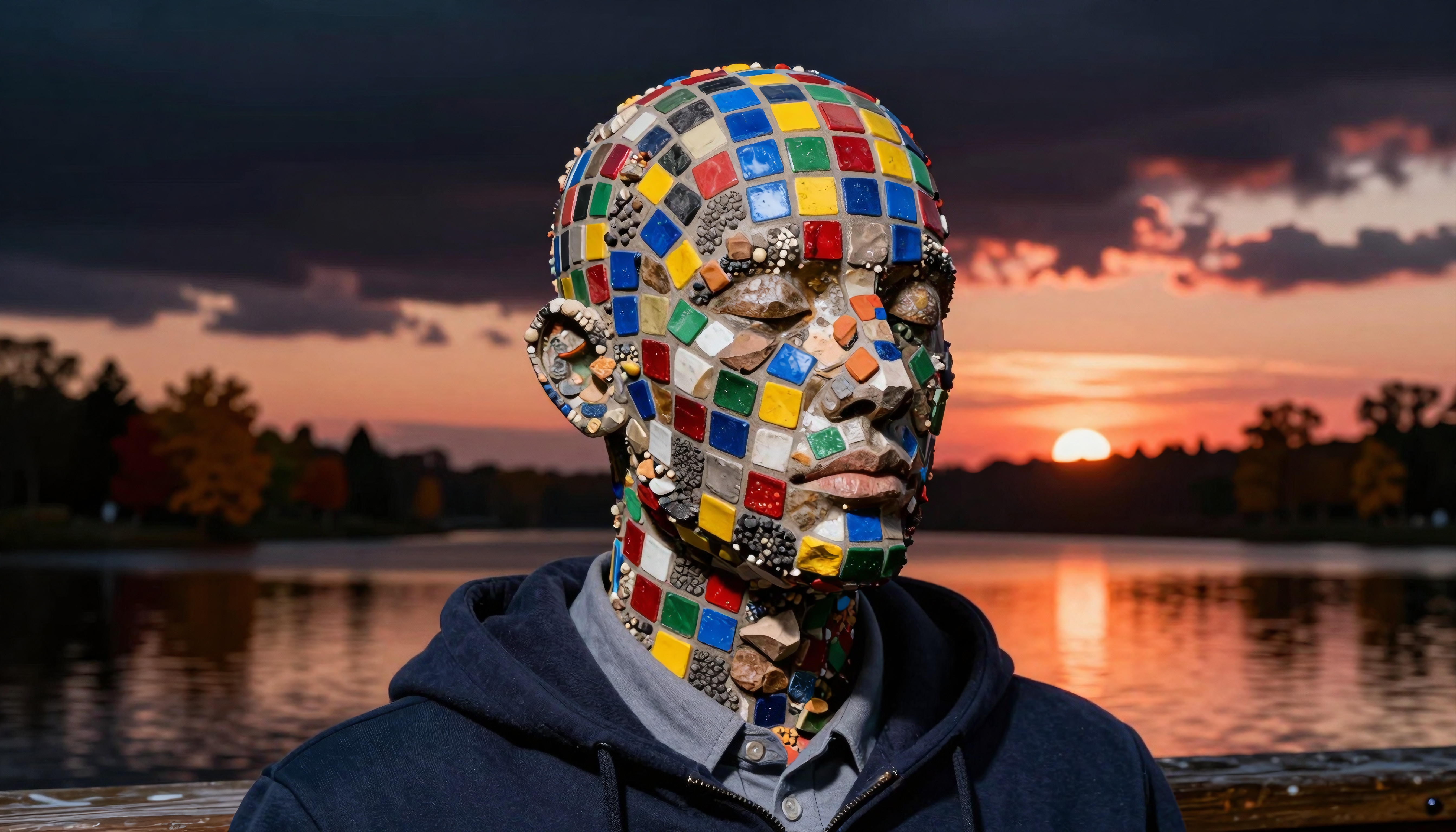 A mosaic-covered figure by a lake at sunset with vibrant colors and autumn scenery.