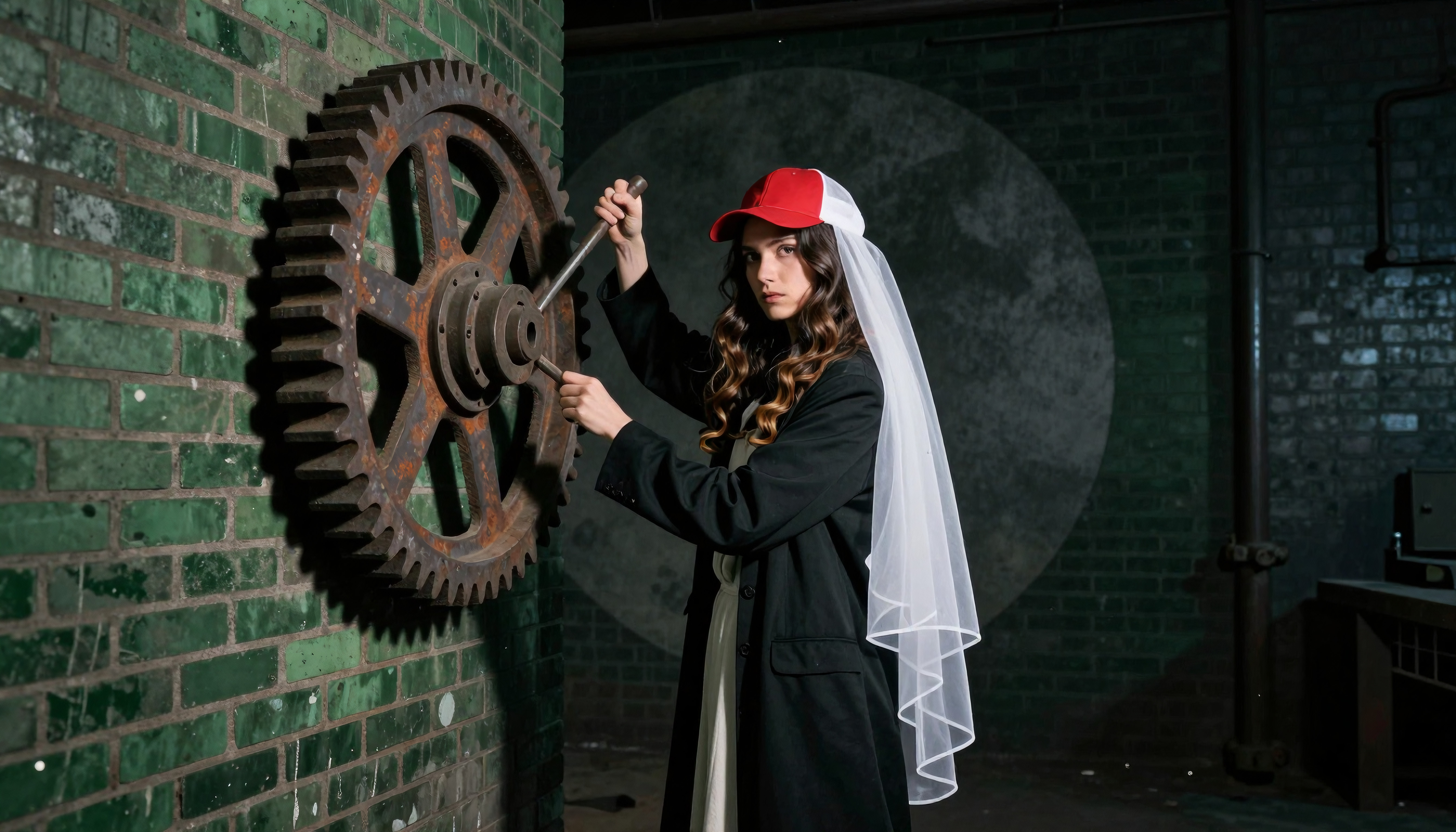 Woman with Red Cap and Veil Adjusting Industrial Gear in Factory