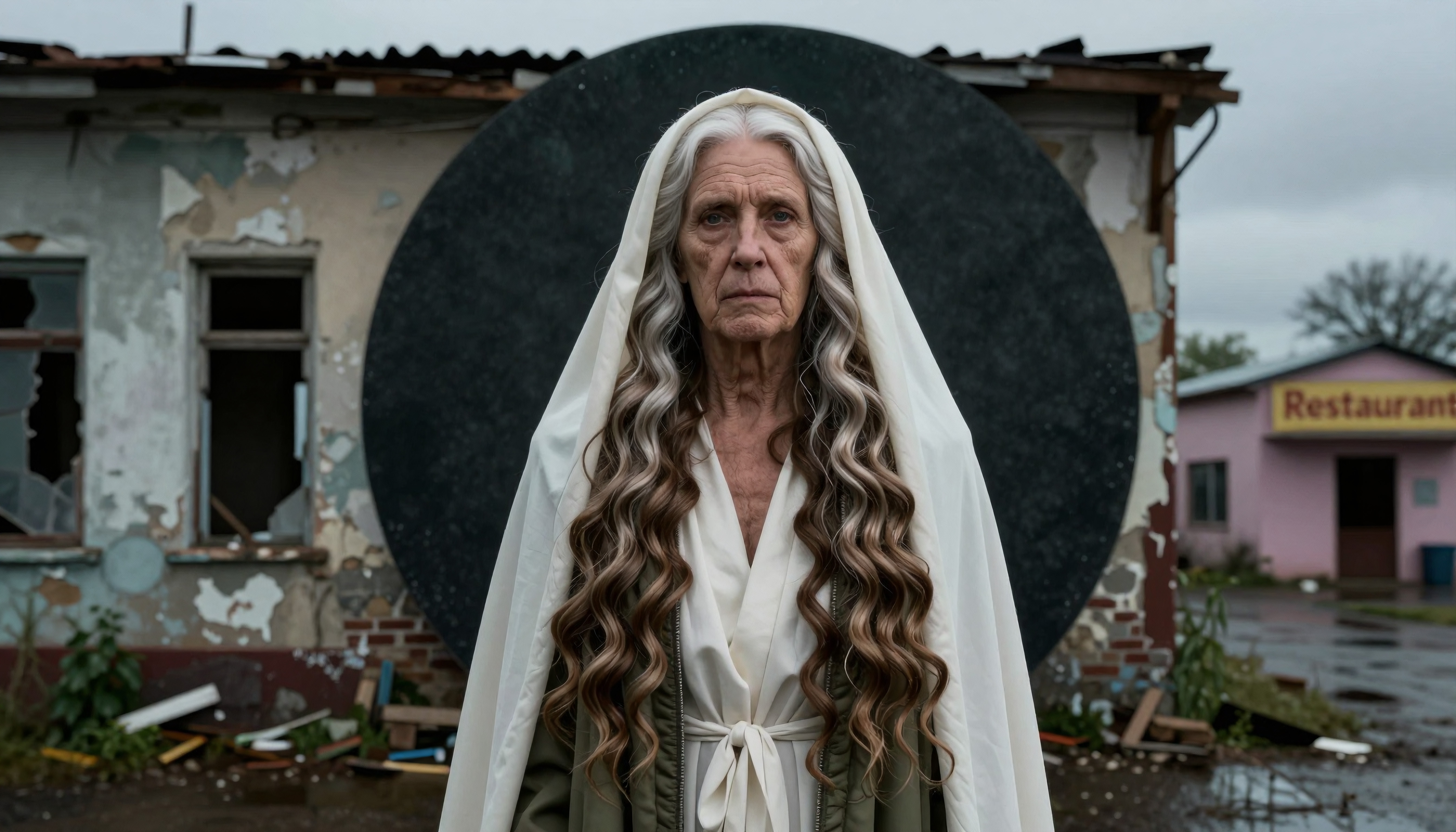 An elderly woman stands solemnly in front of a dilapidated building with flowing silver hair and a white veil, exuding a serene, ethereal presence.