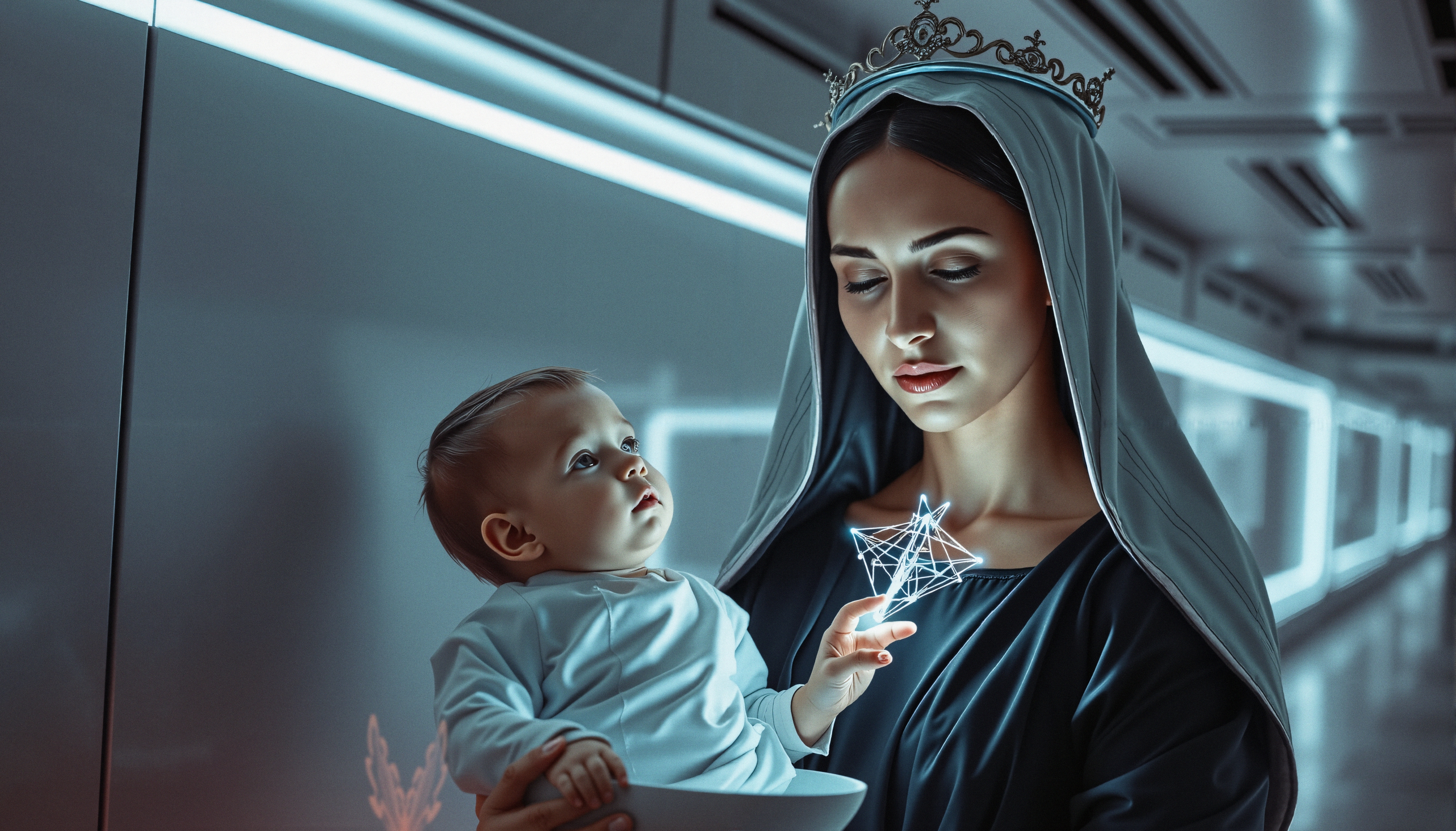 A serene woman with a glowing symbol holds a child in a modern, ethereal setting, evoking spiritual and futuristic themes.