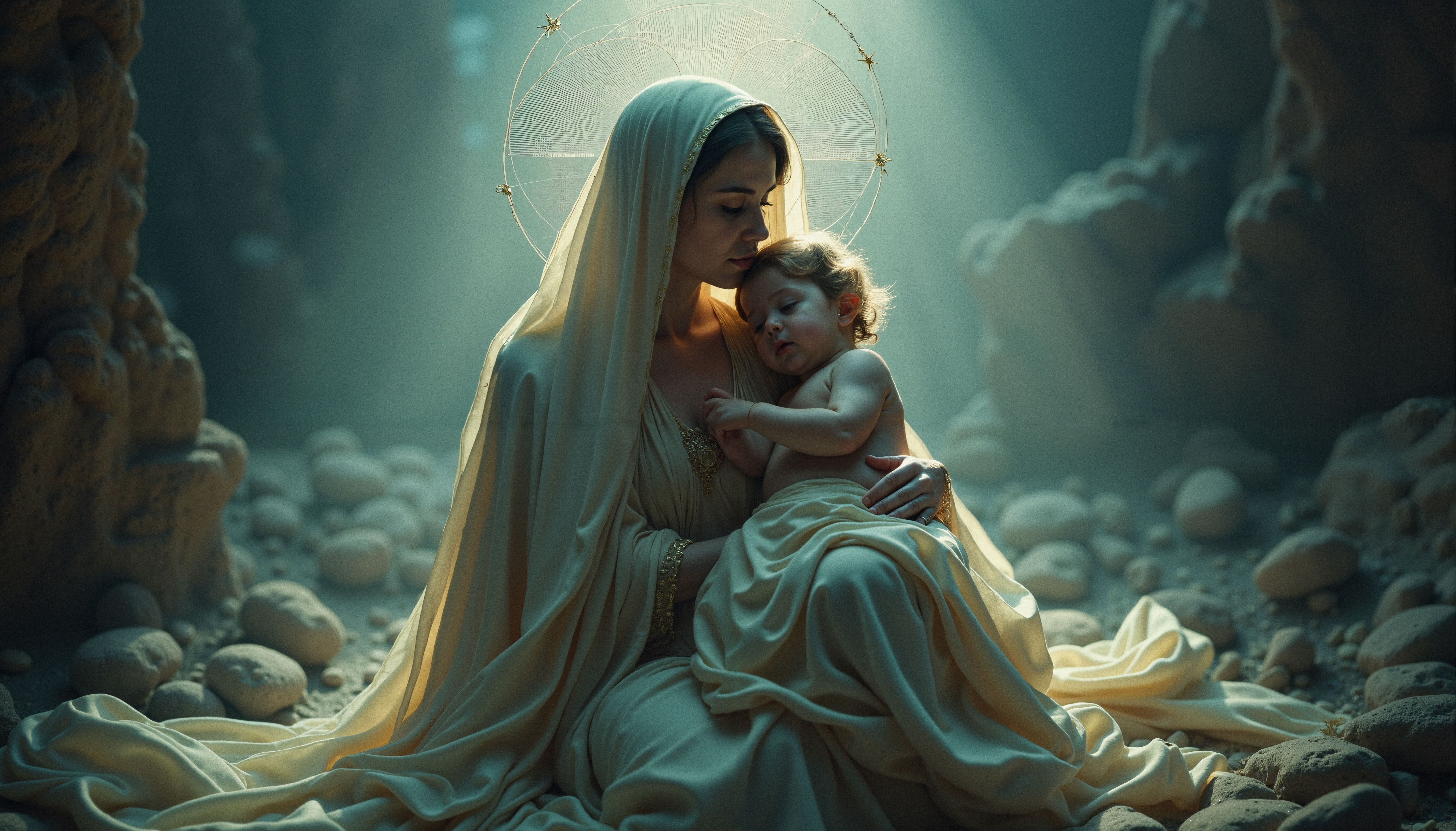 Woman in robes holding a child in a softly lit cave atmosphere, conveying love and tranquility.