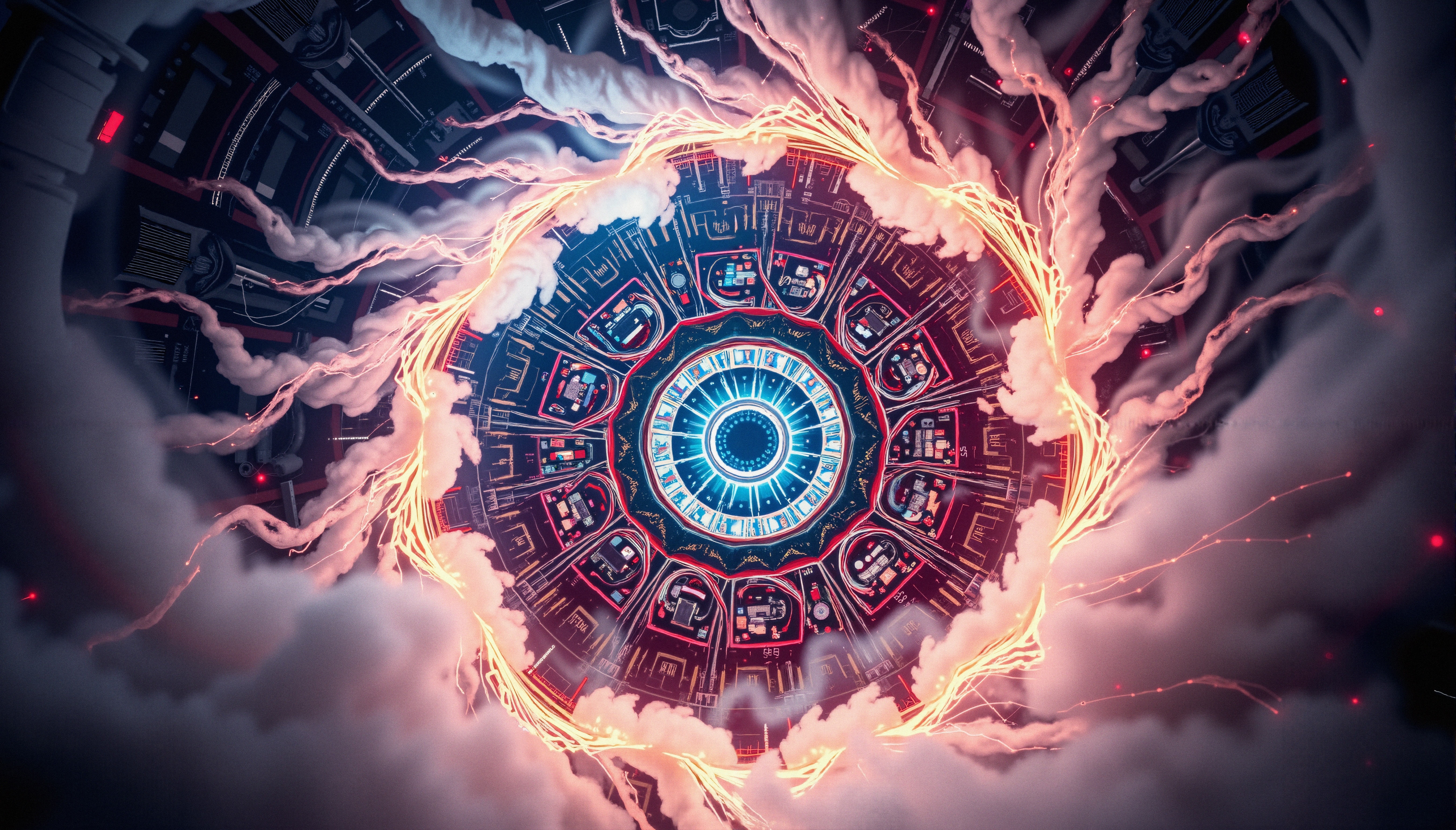 A futuristic energy core emitting glowing beams and surrounded by mechanical components in a sci-fi theme.