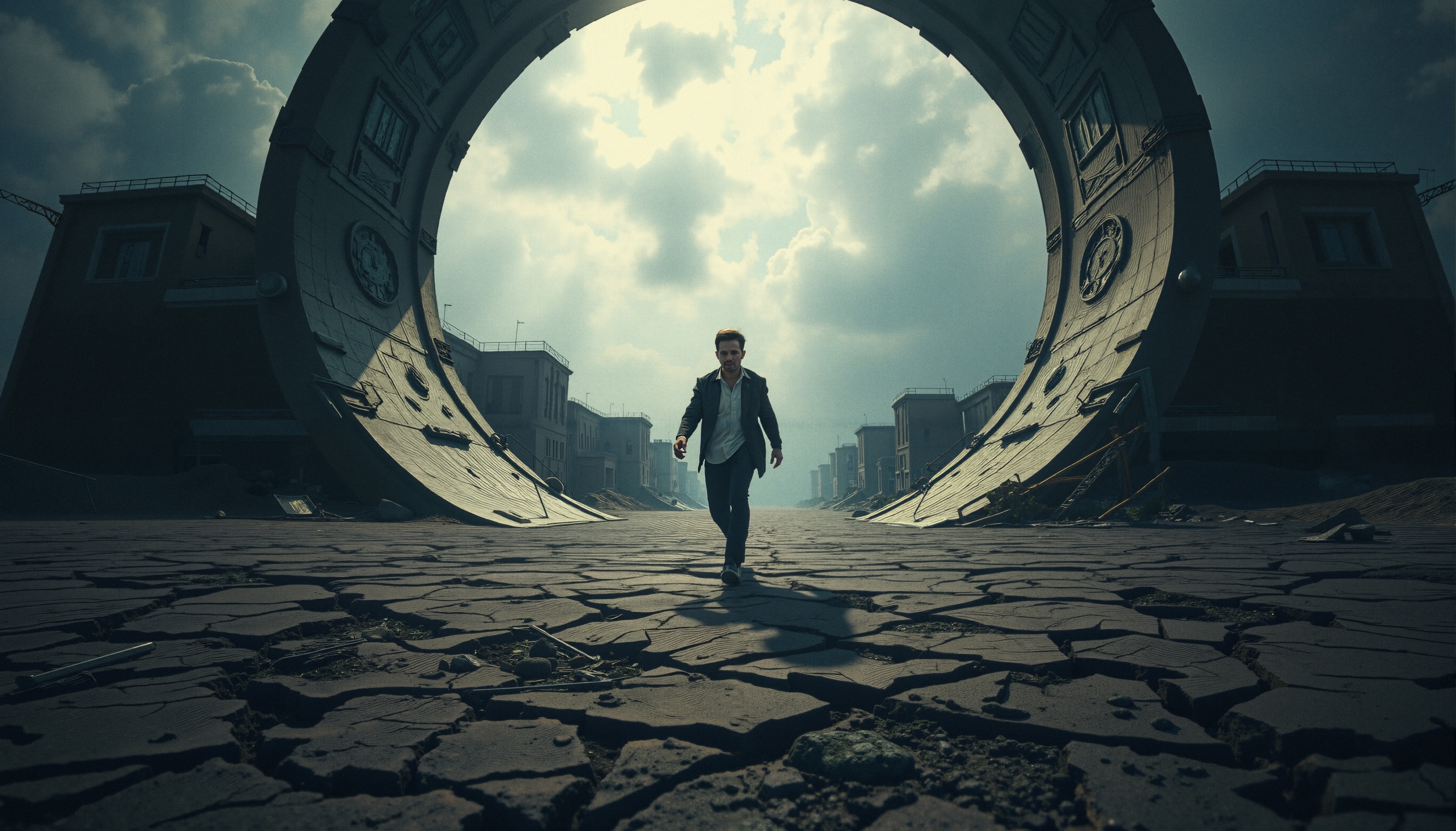 Man walking through surreal landscape