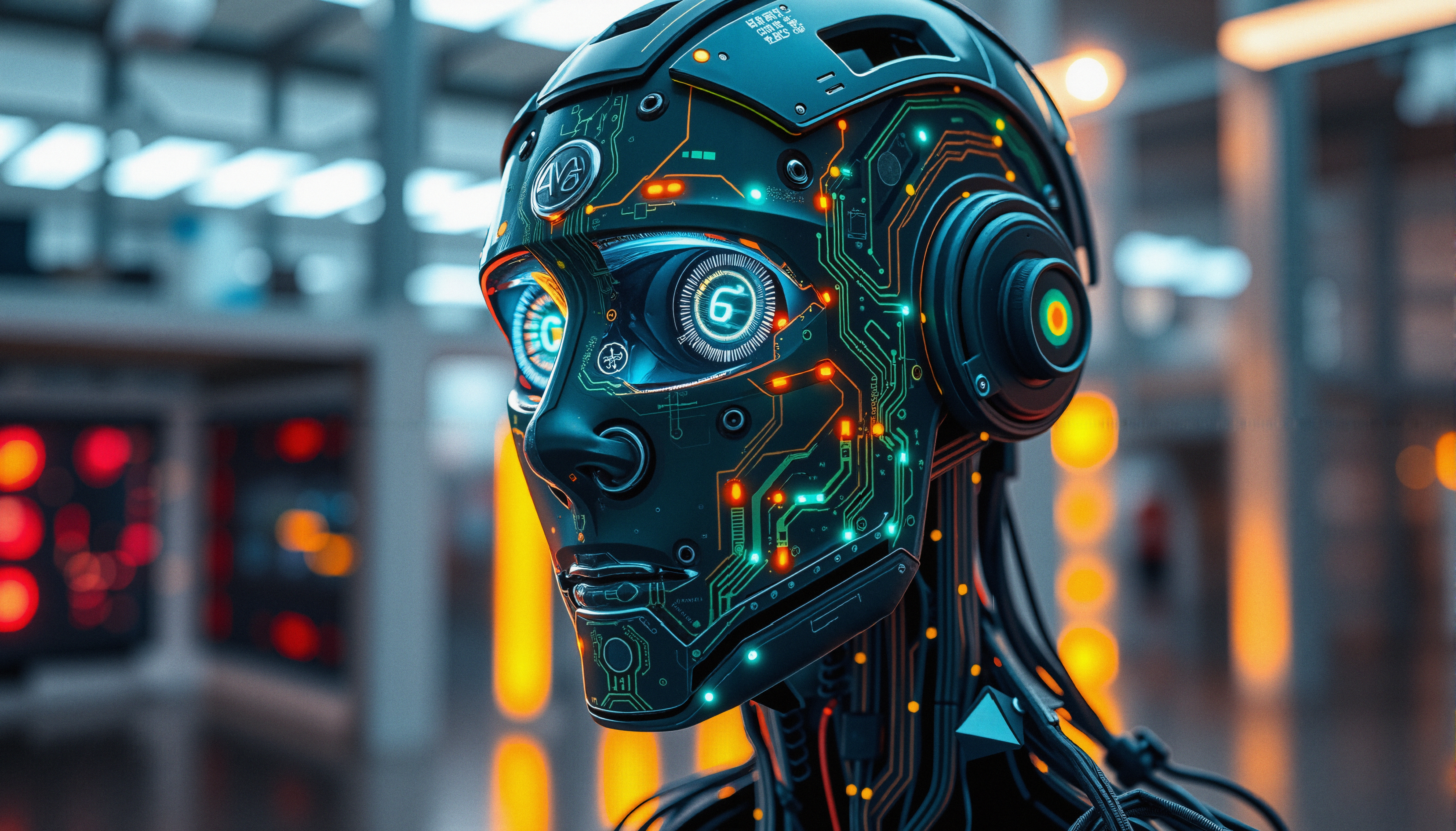 Futuristic Humanoid Robot with Glowing Circuitry in High-Tech En