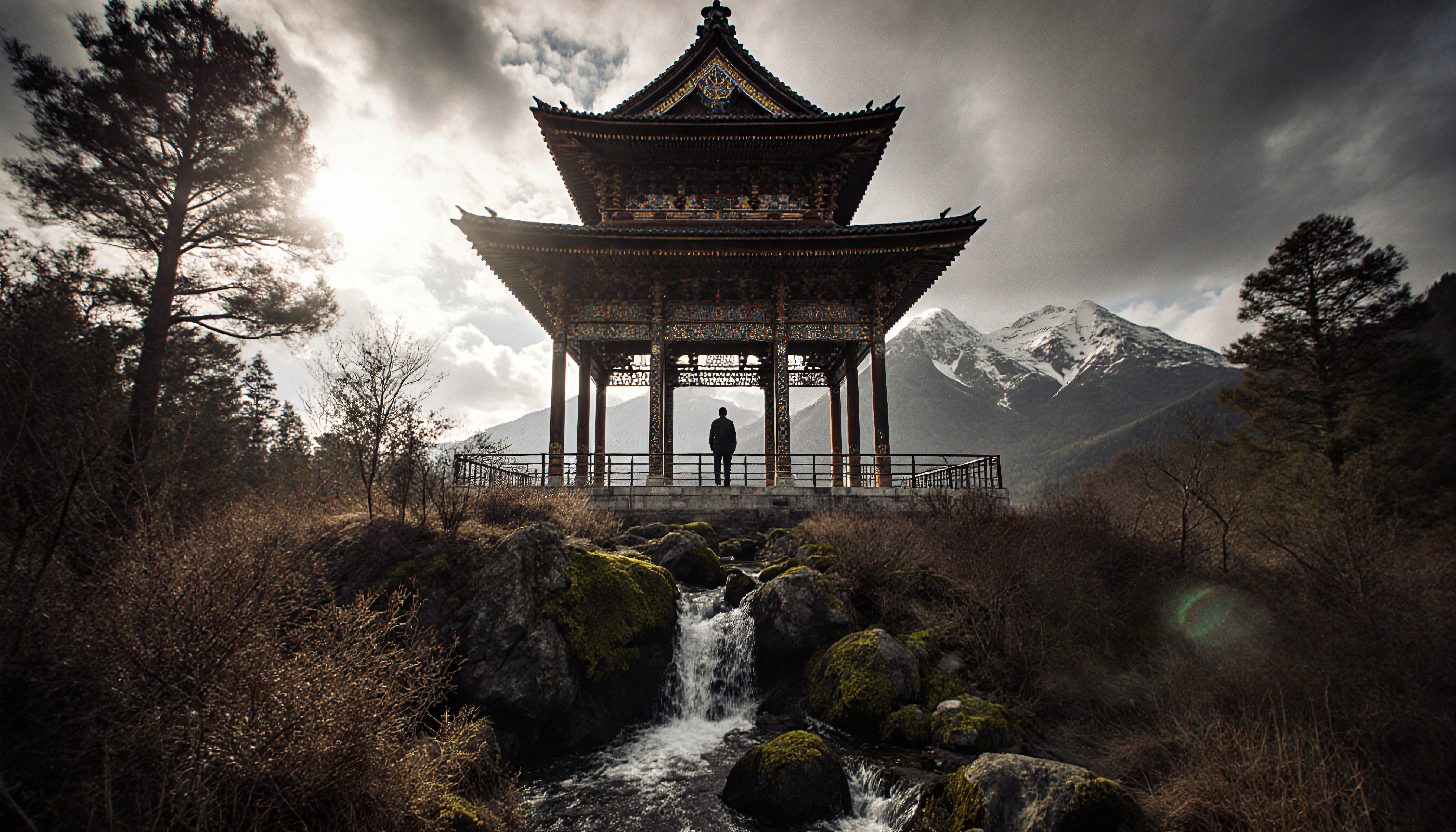 Silhouette of a Person at a Traditional Chinese Pavilion Amidst