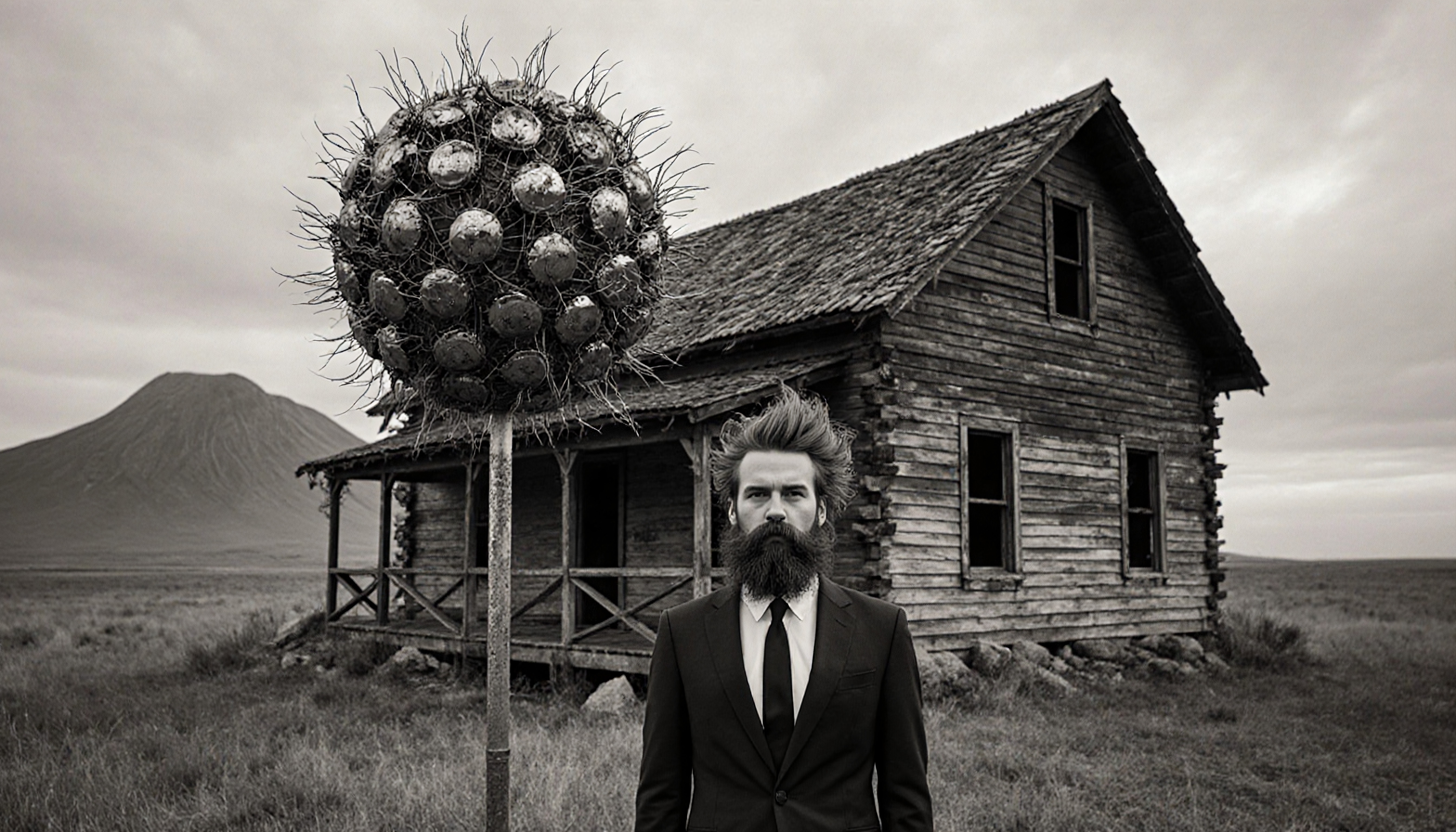 A bearded man in a suit stands before a rustic house with a unique spherical structure, under an overcast sky.
