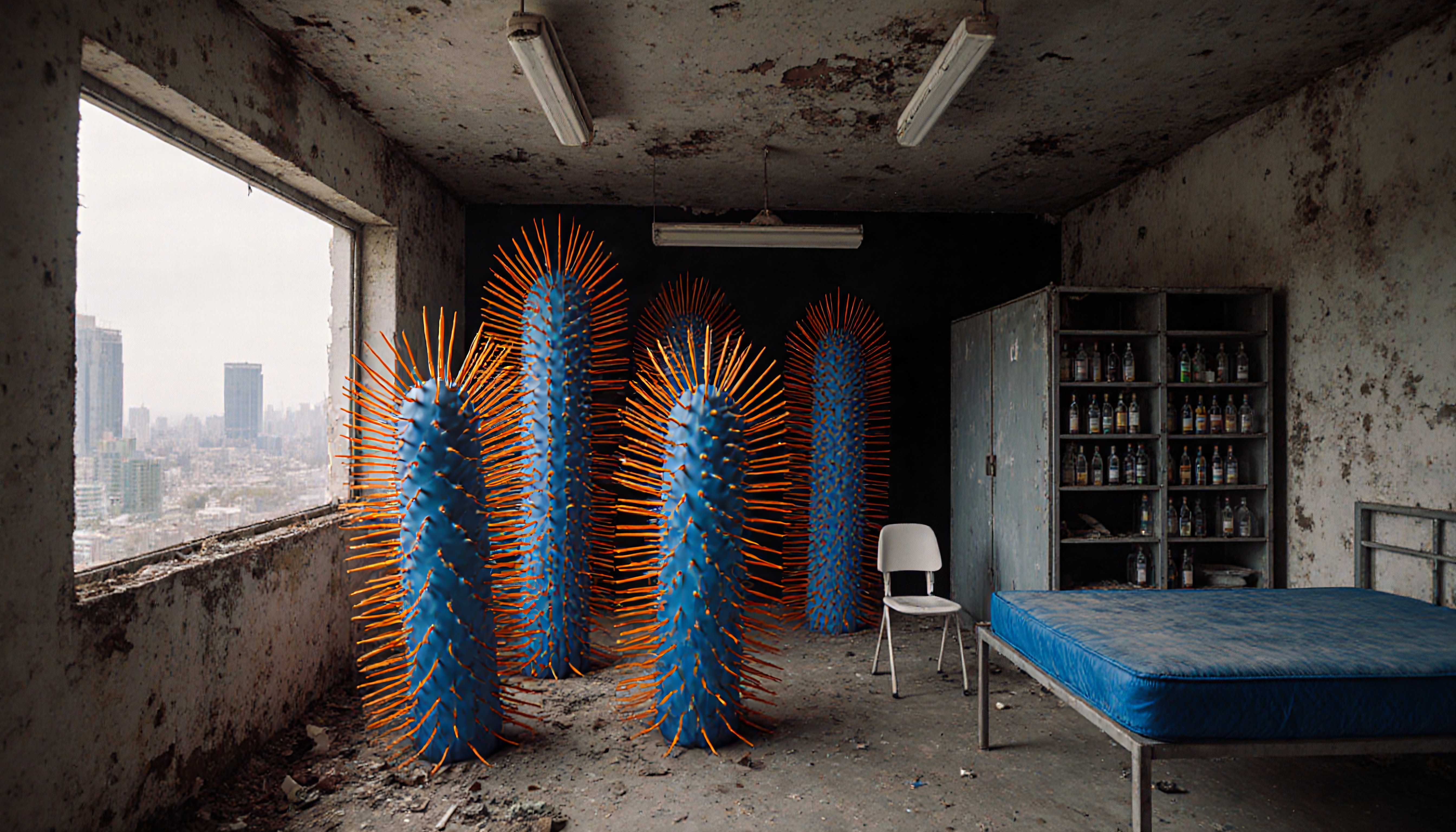 Surreal spiky sculptures in abandoned room against cityscape.