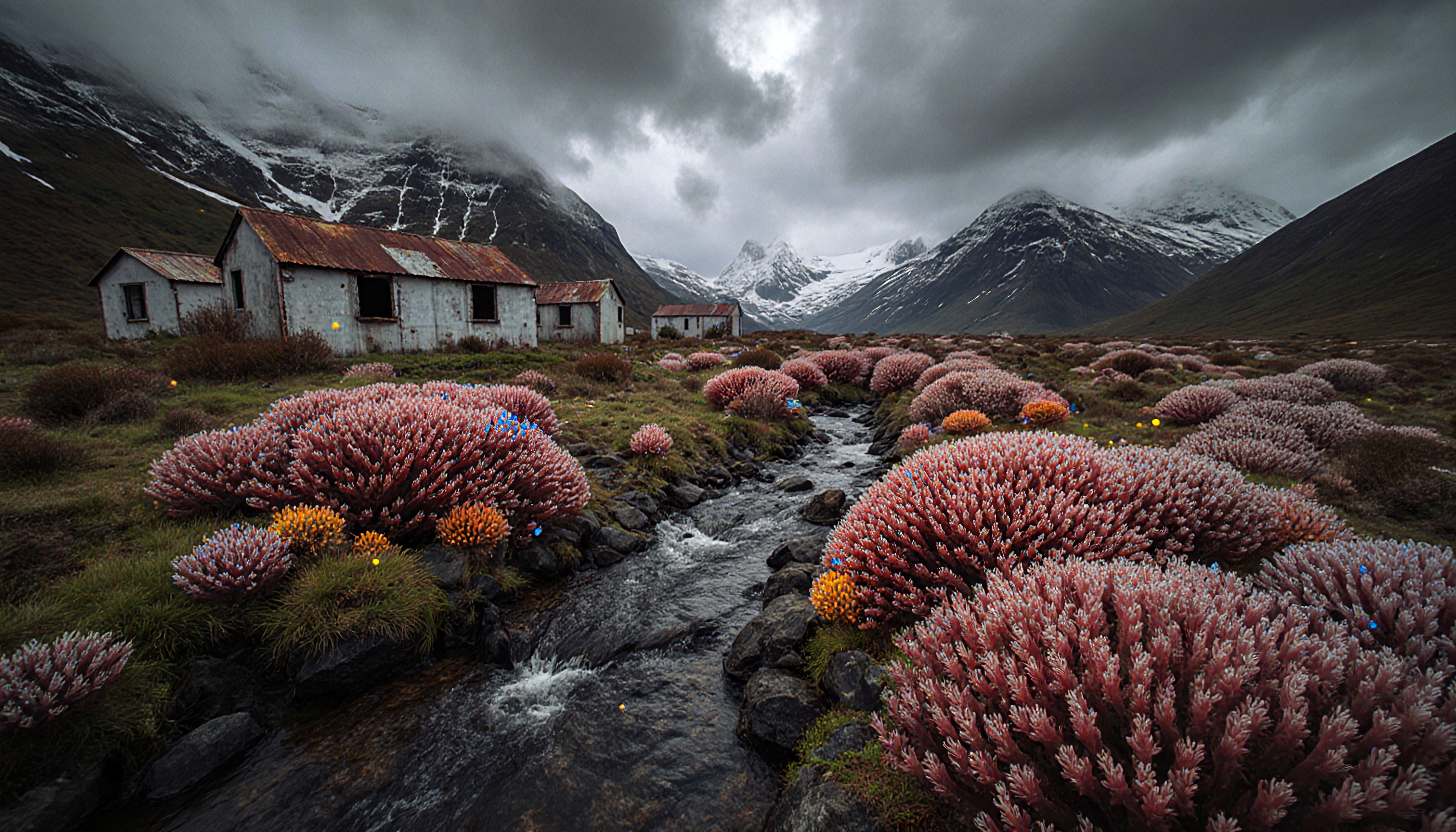 A vibrant flowering landscape with an old building and mountains under a cloudy sky.