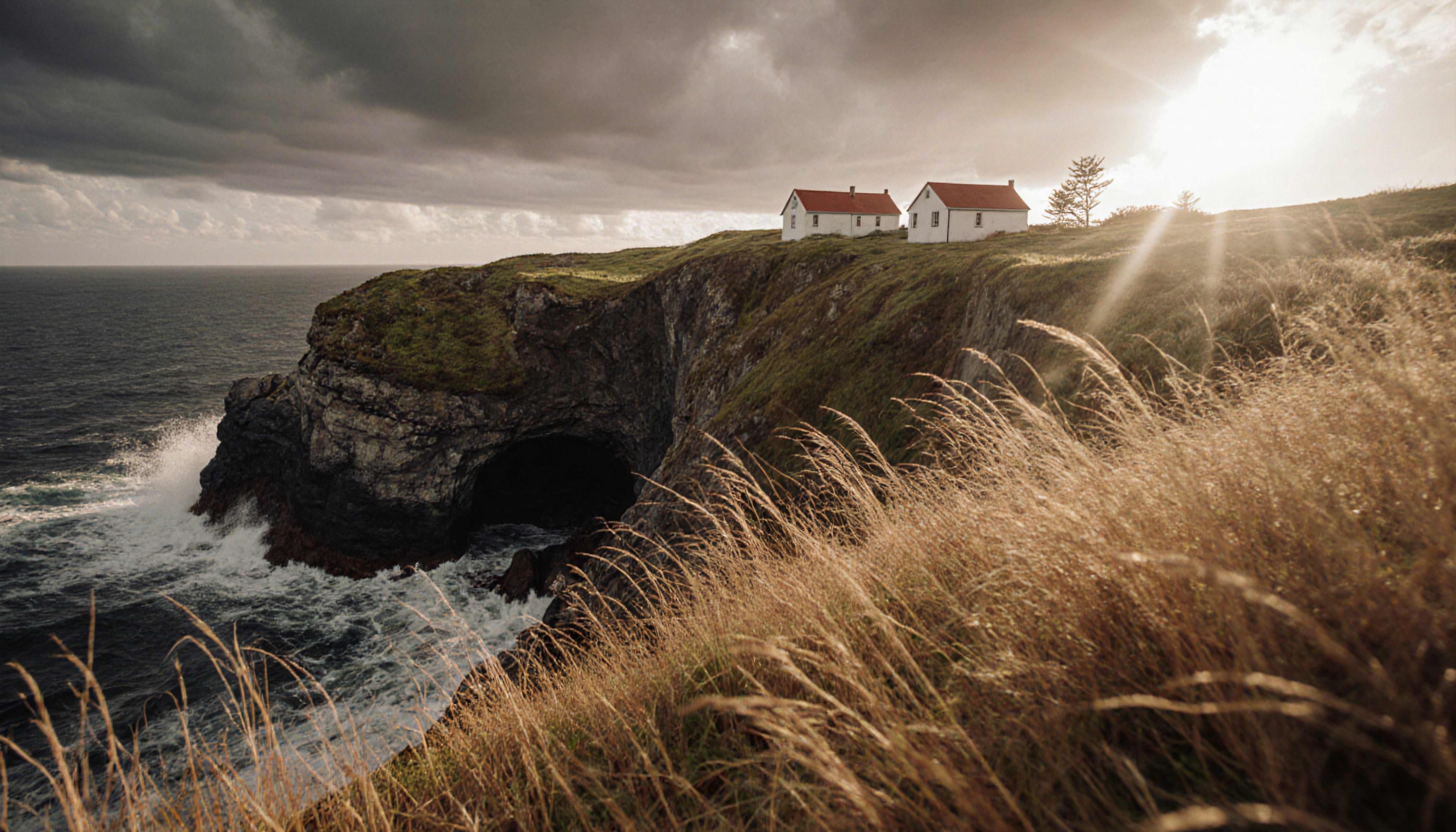 Scenic coastal view with houses on a dramatic cliff, waves crashing below, and sunlight filtering through clouds.